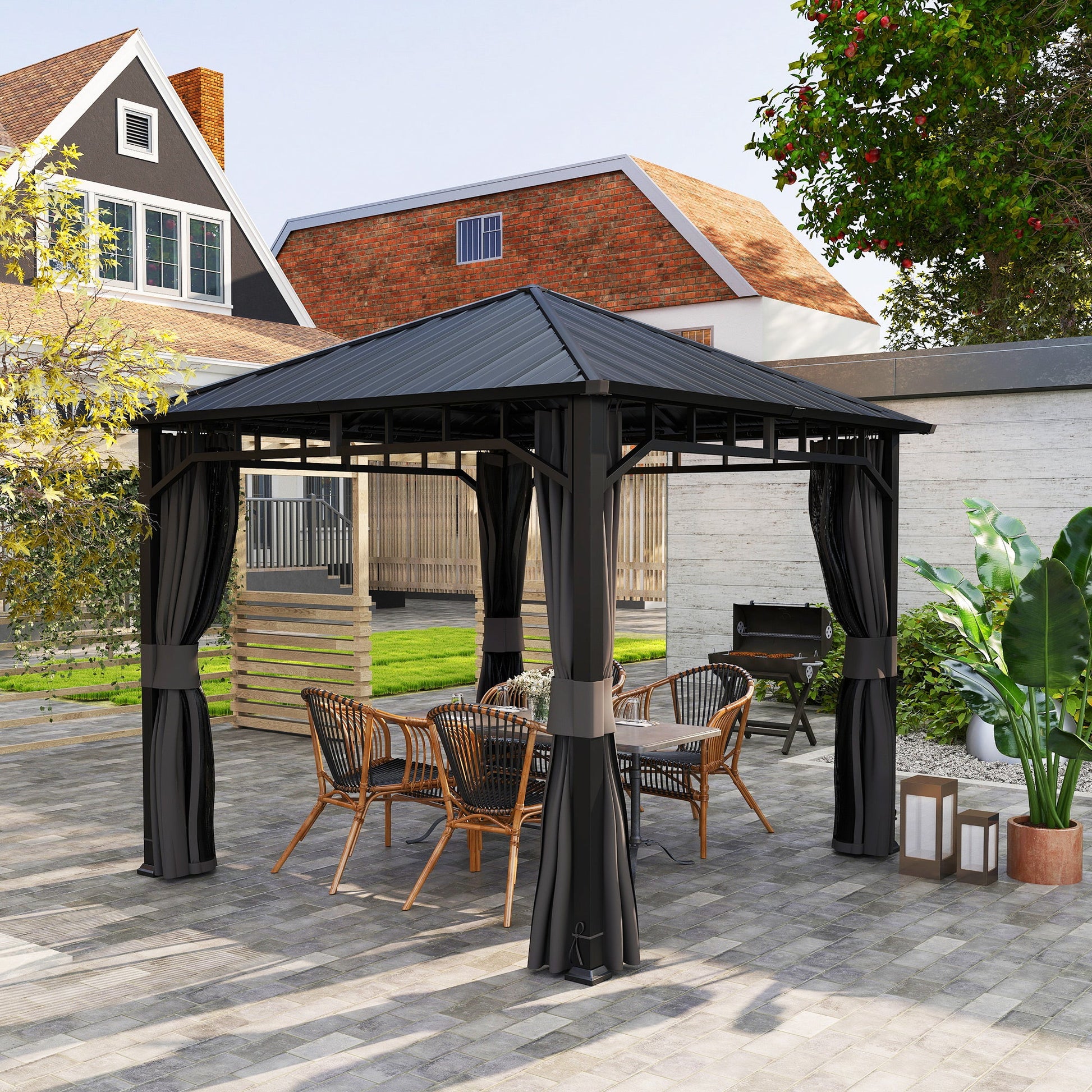 3 x 3(m) Hardtop Gazebo with Galvanised Steel Roof and Water Gutter, Waterproof Permanent Pavilion Garden Gazebo with Netting and Curtains for Patio, Deck