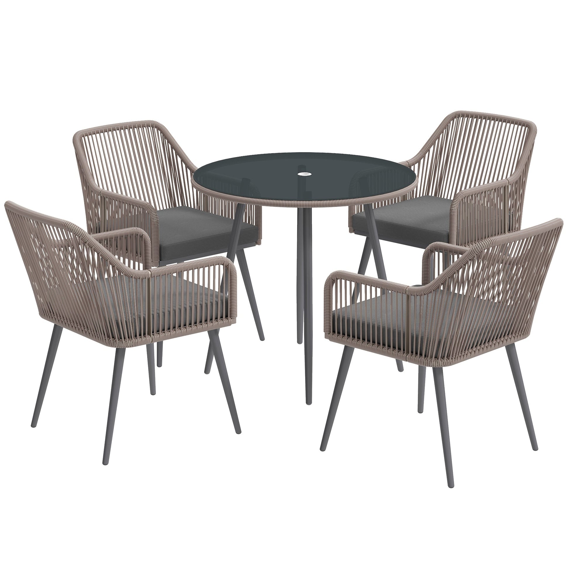 4 Seater Rattan Dining Set, Rattan Garden Furniture Set with Parasol Hole, Outdoor Dining Table and Chairs Set with Cushions, Round Glass Top Table for Patio, Balcony, Light Brown