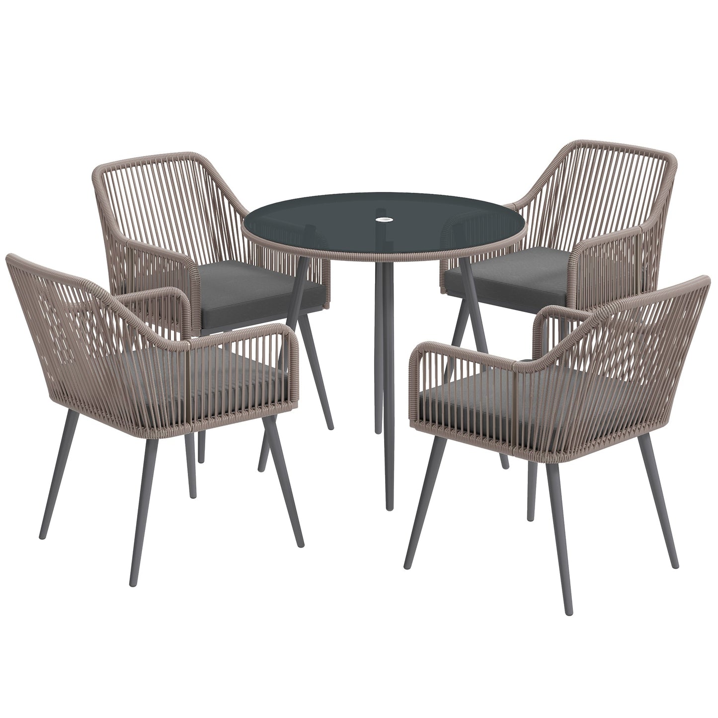 4 Seater Rattan Dining Set, Rattan Garden Furniture Set with Parasol Hole, Outdoor Dining Table and Chairs Set with Cushions, Round Glass Top Table for Patio, Balcony, Light Brown