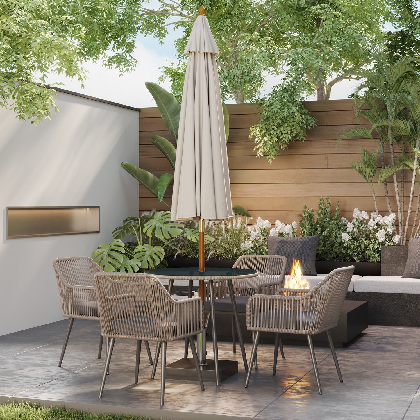 4 Seater Rattan Dining Set, Rattan Garden Furniture Set with Parasol Hole, Outdoor Dining Table and Chairs Set with Cushions, Round Glass Top Table for Patio, Balcony, Light Brown