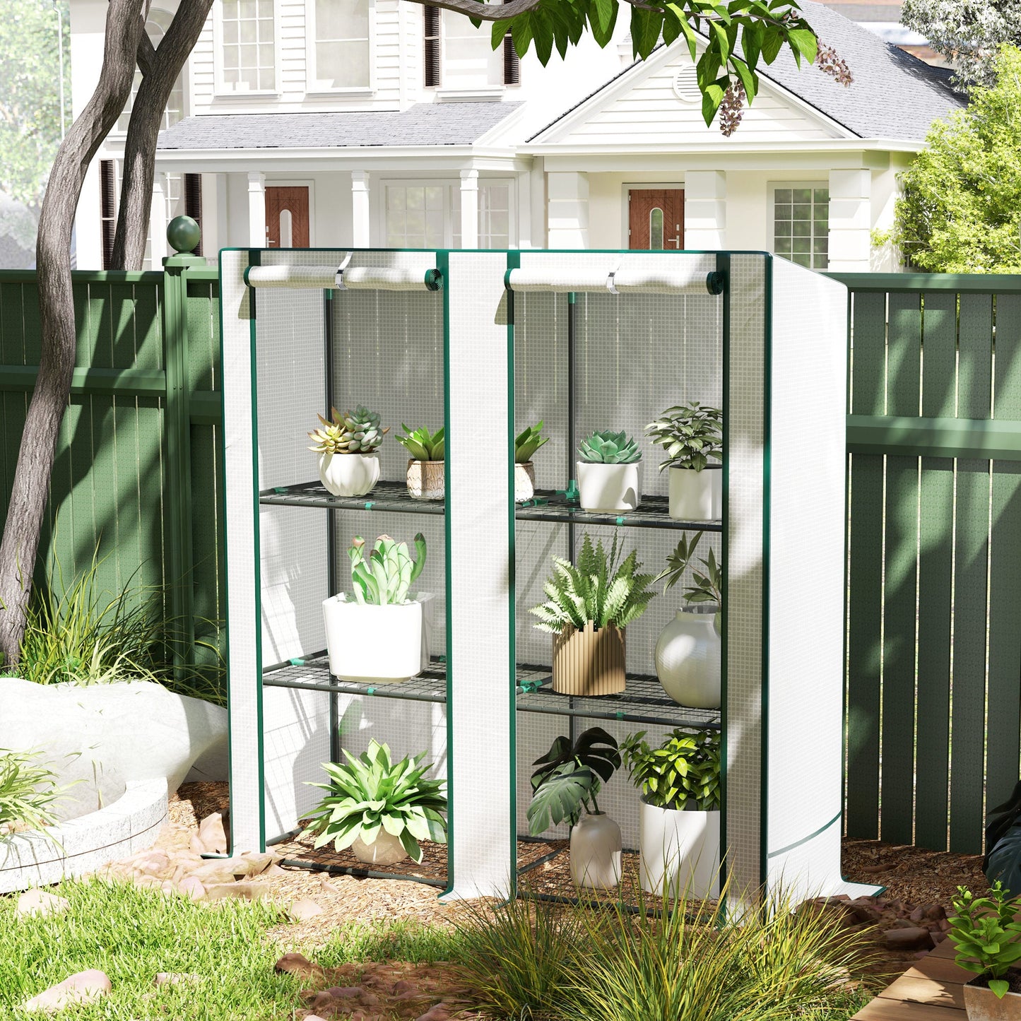 3 Tier Lean-to Mini Greenhouse with Reinforced PE Cover, Portable Small Greenhouse with Roll-Up Door, Green Hemmed Edging, 144 x 48 x 152cm, White