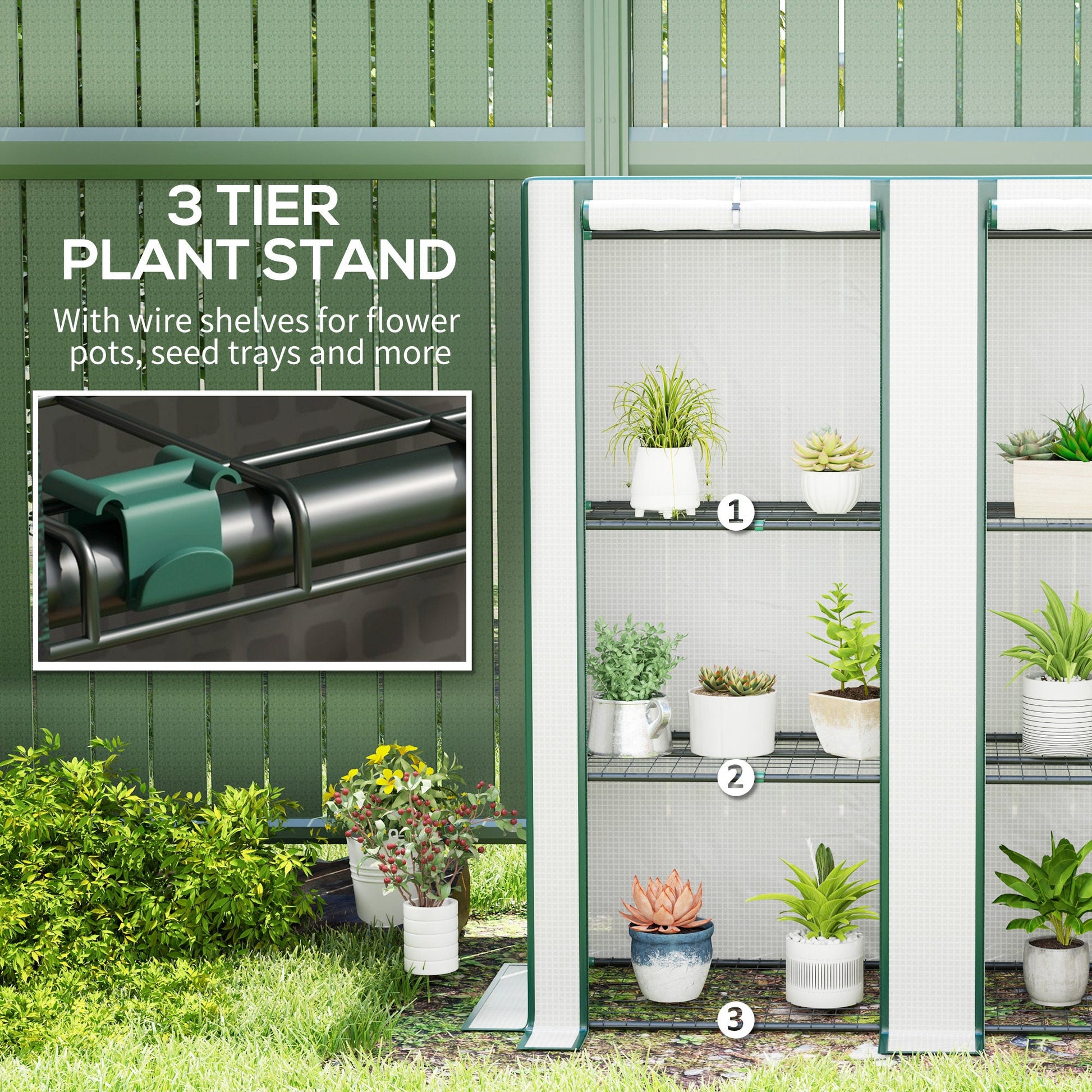 3 Tier Lean-to Mini Greenhouse with Reinforced PE Cover, Portable Small Greenhouse with Roll-Up Door, Green Hemmed Edging, 144 x 48 x 152cm, White