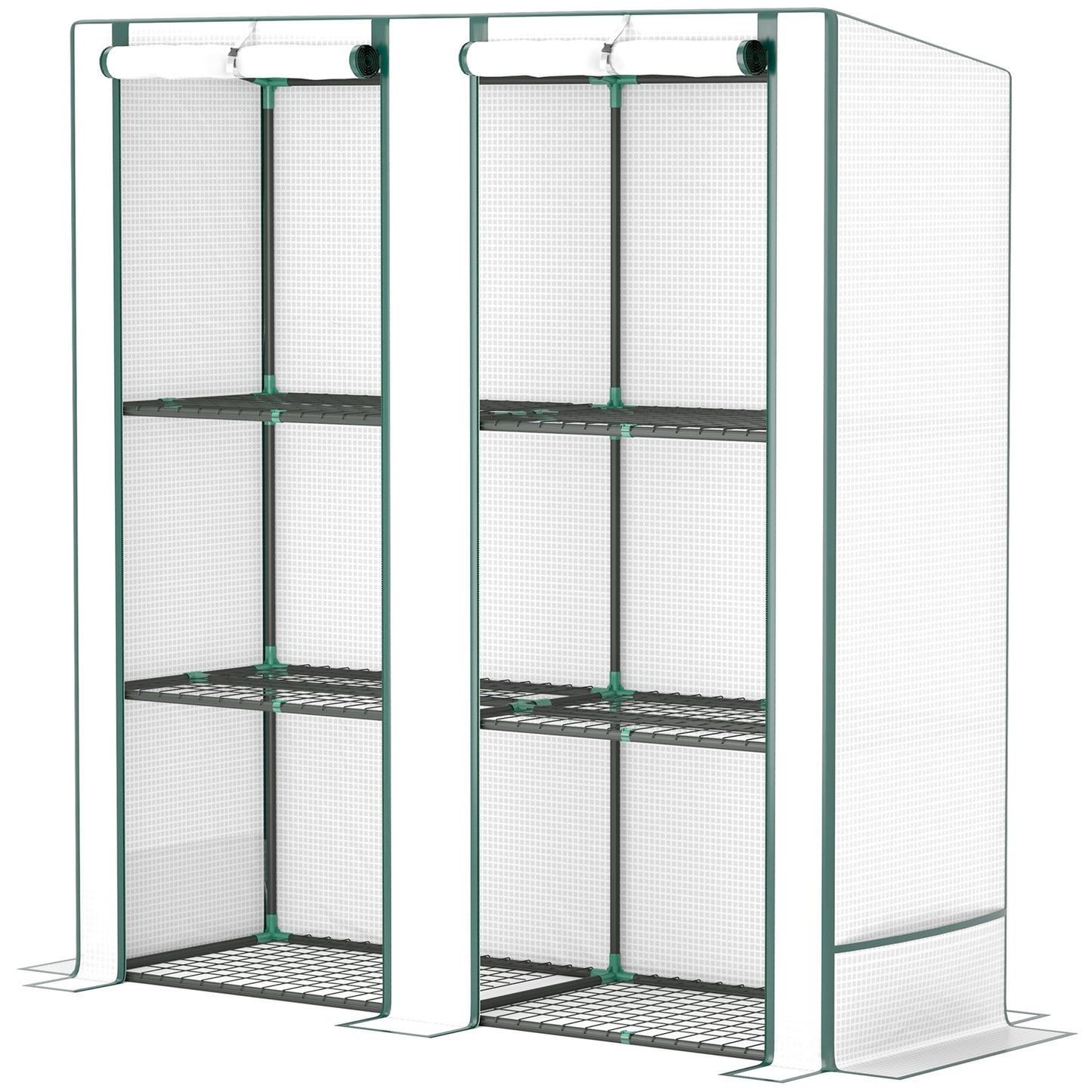 3 Tier Lean-to Mini Greenhouse with Reinforced PE Cover, Portable Small Greenhouse with Roll-Up Door, Green Hemmed Edging, 144 x 48 x 152cm, White