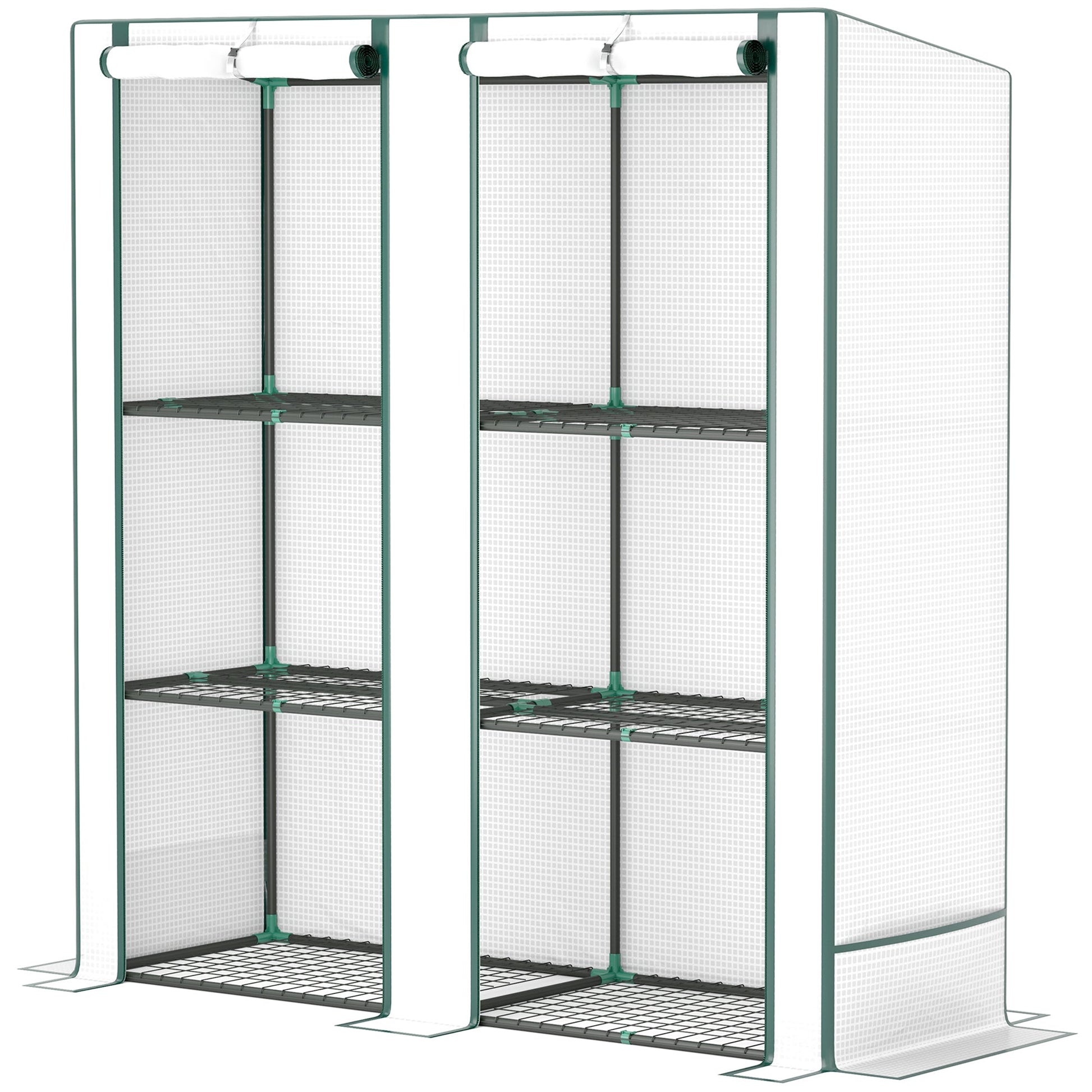 3 Tier Lean-to Mini Greenhouse with Reinforced PE Cover, Portable Small Greenhouse with Roll-Up Door, Green Hemmed Edging, 144 x 48 x 152cm, White