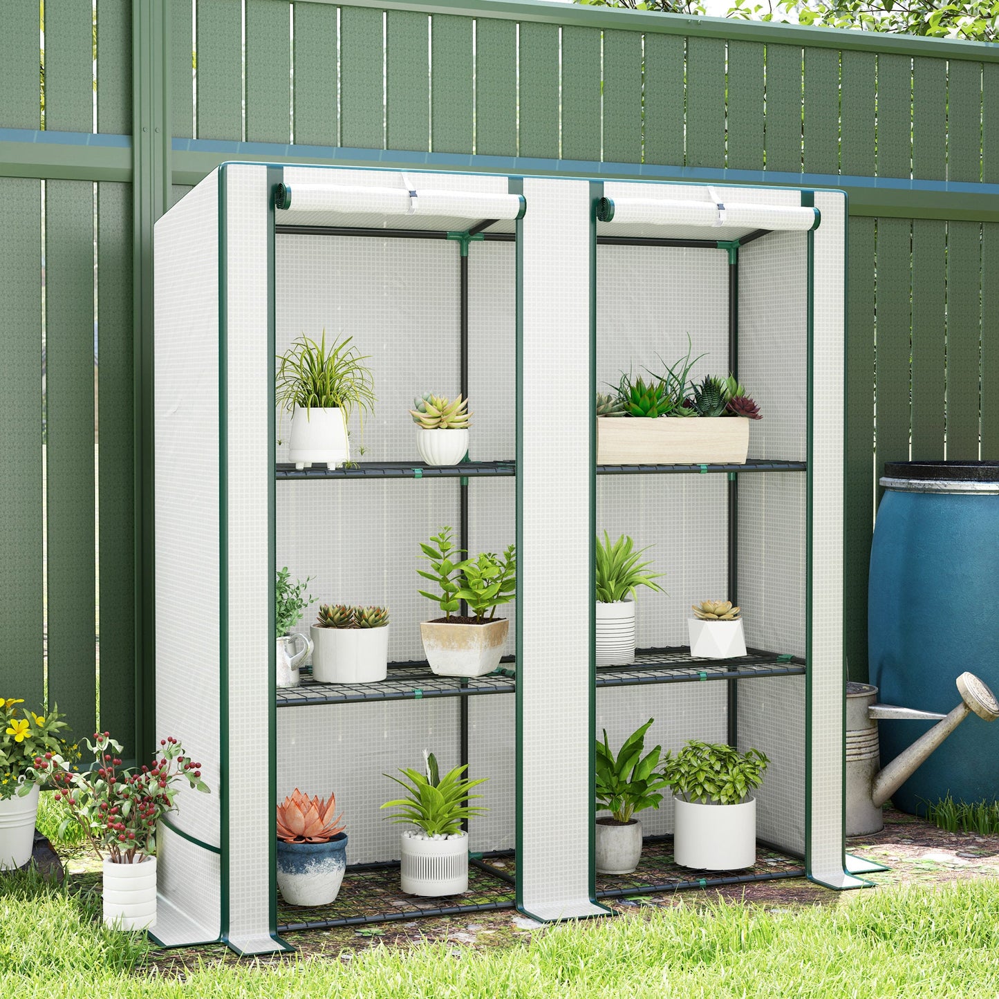3 Tier Lean-to Mini Greenhouse with Reinforced PE Cover, Portable Small Greenhouse with Roll-Up Door, Green Hemmed Edging, 144 x 48 x 152cm, White