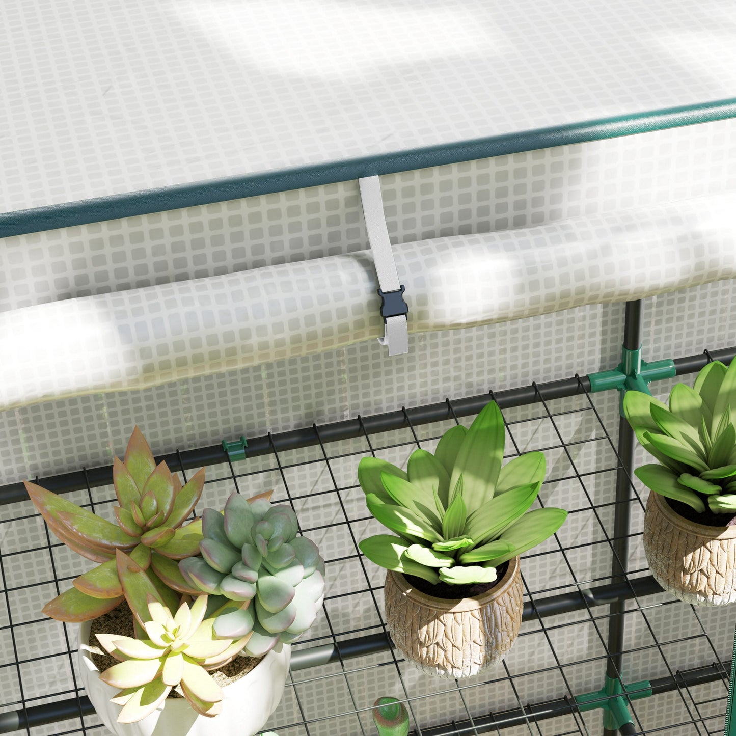 3 Tier Lean-to Mini Greenhouse with Reinforced PE Cover, Portable Small Greenhouse with Roll-Up Door, Green Hemmed Edging, 144 x 48 x 152cm, White