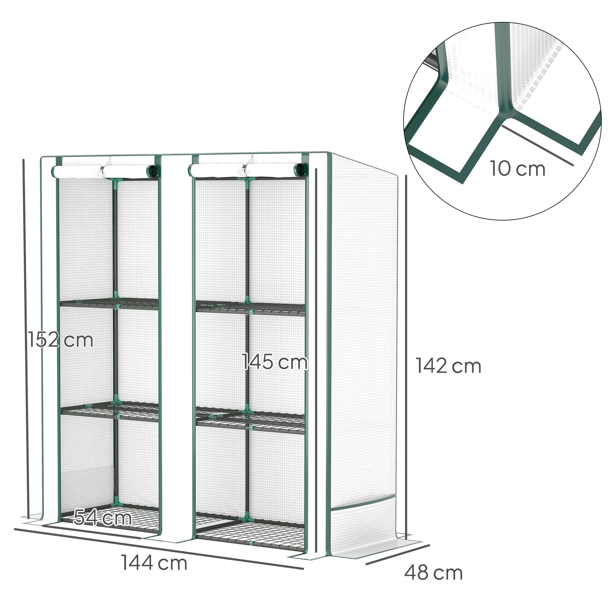 3 Tier Lean-to Mini Greenhouse with Reinforced PE Cover, Portable Small Greenhouse with Roll-Up Door, Green Hemmed Edging, 144 x 48 x 152cm, White
