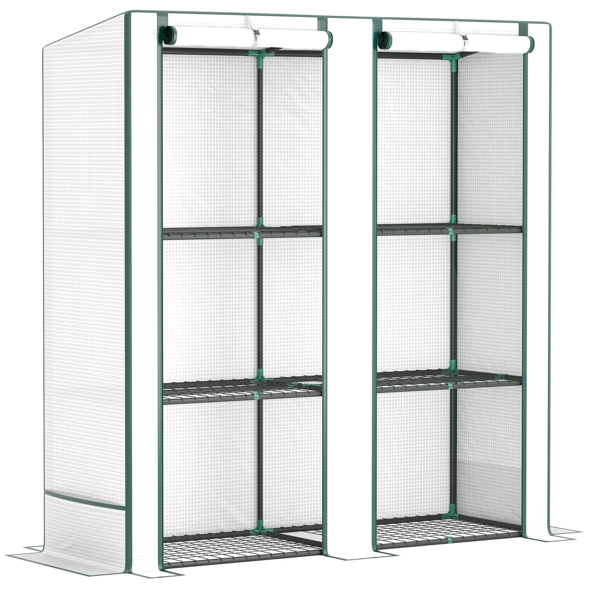 3 Tier Lean-to Mini Greenhouse with Reinforced PE Cover, Portable Small Greenhouse with Roll-Up Door, Green Hemmed Edging, 144 x 48 x 152cm, White