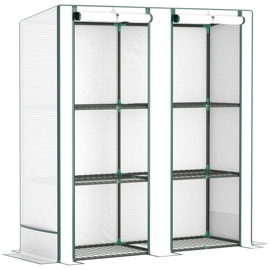 3 Tier Lean-to Mini Greenhouse with Reinforced PE Cover, Portable Small Greenhouse with Roll-Up Door, Green Hemmed Edging, 144 x 48 x 152cm, White