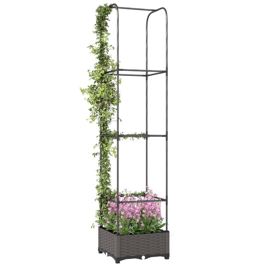 Raised Garden Bed with Trellis, Self Watering Plastic Planter Box with Drainage Holes, Drain Plugs and Water Reservoirs for Climbing Plants, Vegetables, Flowers, 40 x 40 x 179 cm, Black