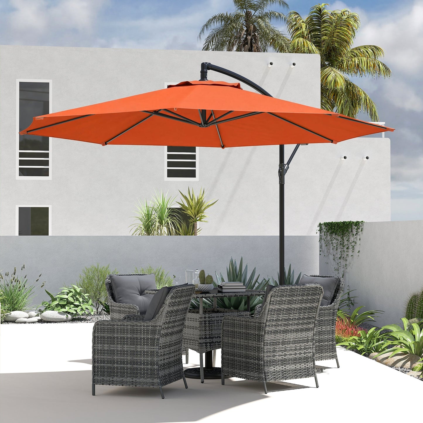 3(m) Garden Banana Parasol Hanging Cantilever Umbrella with Crank Handle, 8 Ribs and Cross Base for Outdoor, Sun Shade, Orange