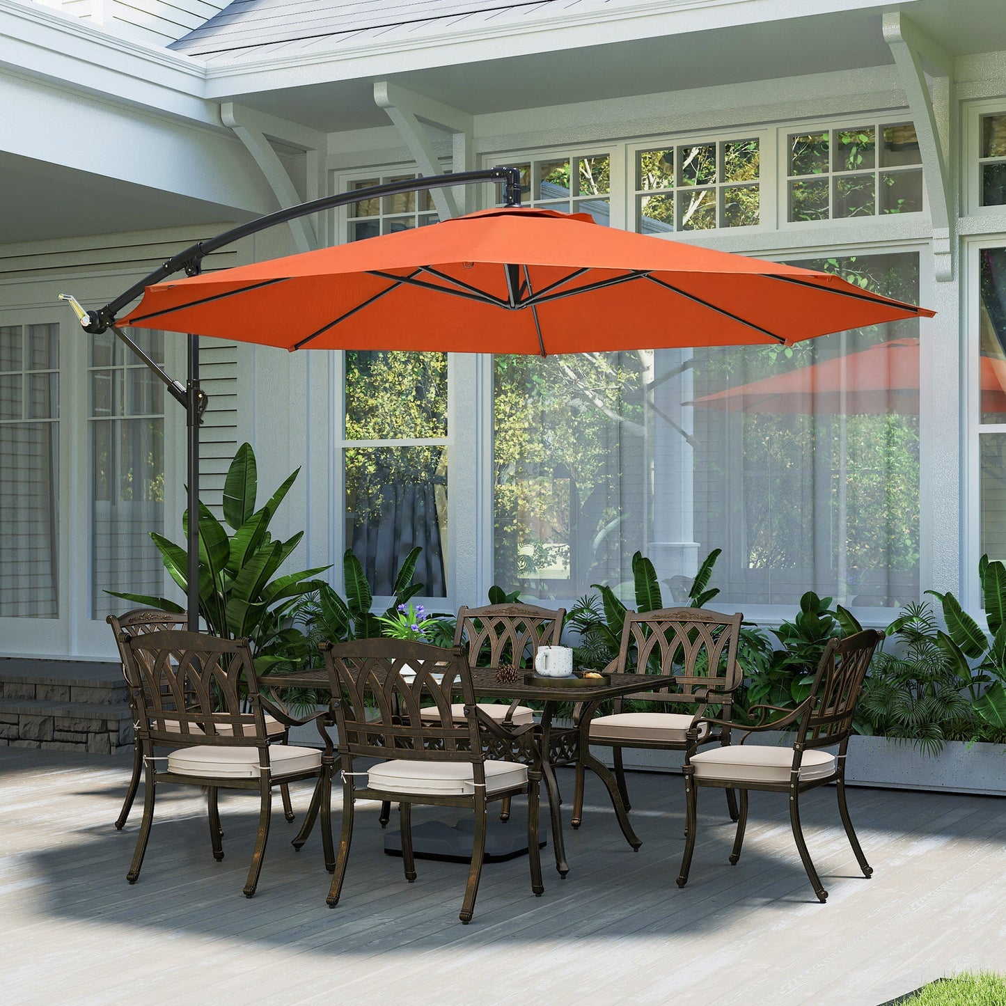 3(m) Garden Banana Parasol Hanging Cantilever Umbrella with Crank Handle, 8 Ribs and Cross Base for Outdoor, Sun Shade, Orange