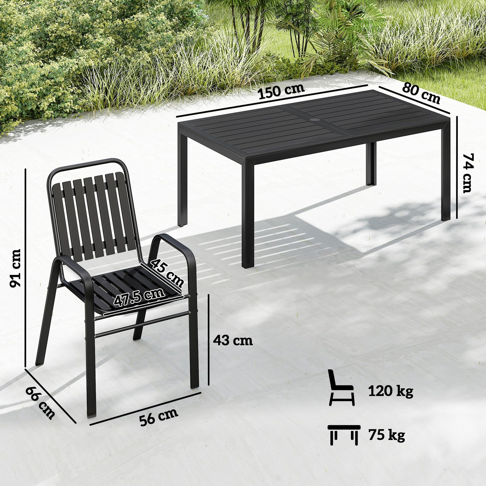 Garden Table and Chairs Set for 6 with Umbrella Hole, 7 Pieces Outdoor Dining Set with Rectangular Metal Slatted Tabletop and Stackable Chairs for Patio Porch, Black
