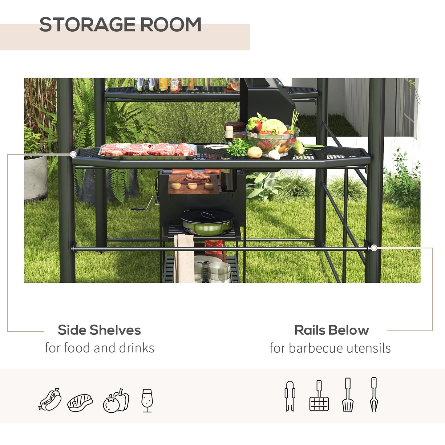 2.4 x 1.5m Grill Gazebo Outdoor BBQ Gazebo Canopy with Side Shelves Hanging Poles Great Ventilation PC Board