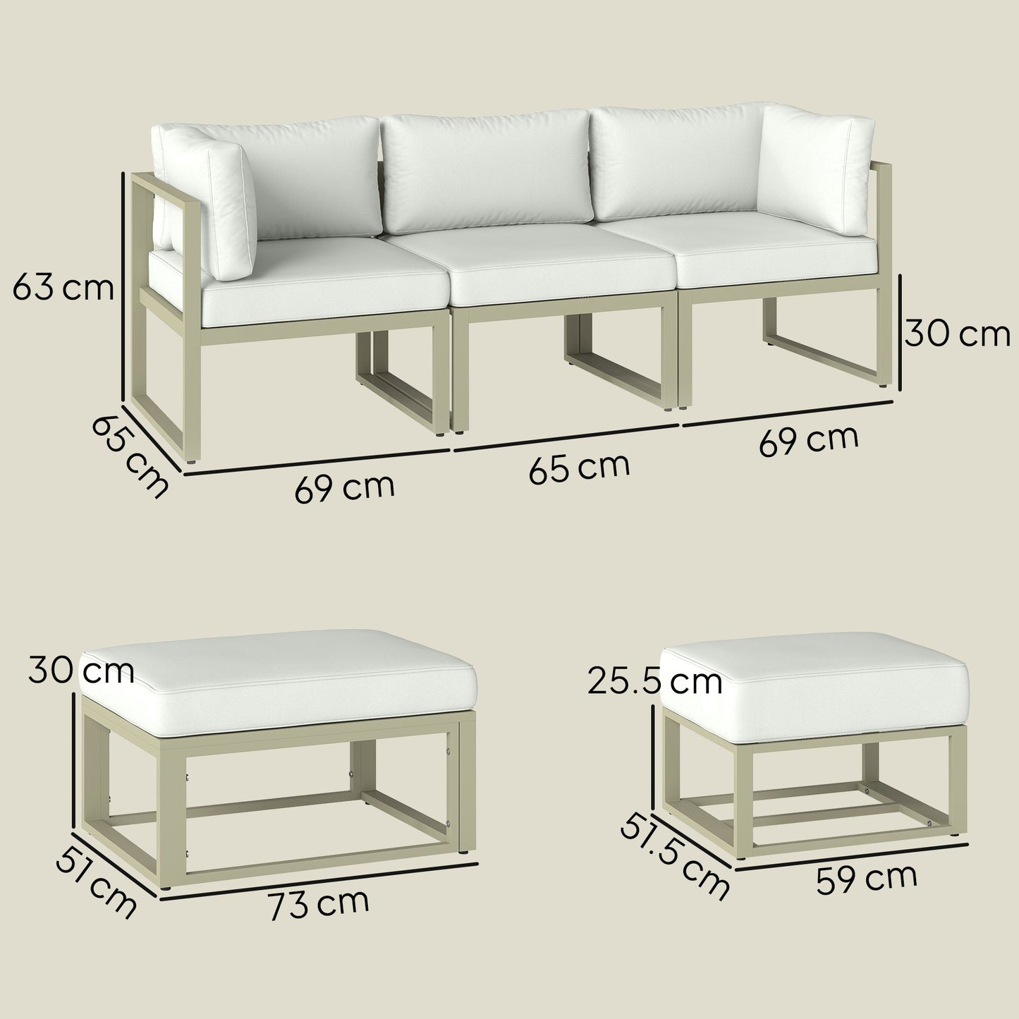 Garden Daybed, 6 Piece Outdoor Sectional Sofa Set, Aluminium Patio Conversation Furniture Set with Coffee Table, Footstool and Cushions, Cream White