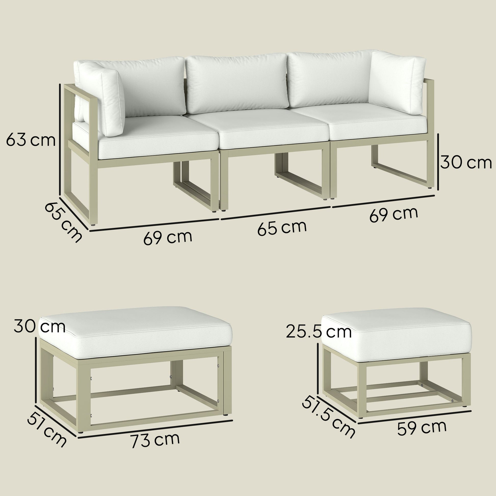 Garden Daybed, 6 Piece Outdoor Sectional Sofa Set, Aluminium Patio Conversation Furniture Set with Coffee Table, Footstool and Cushions, Cream White