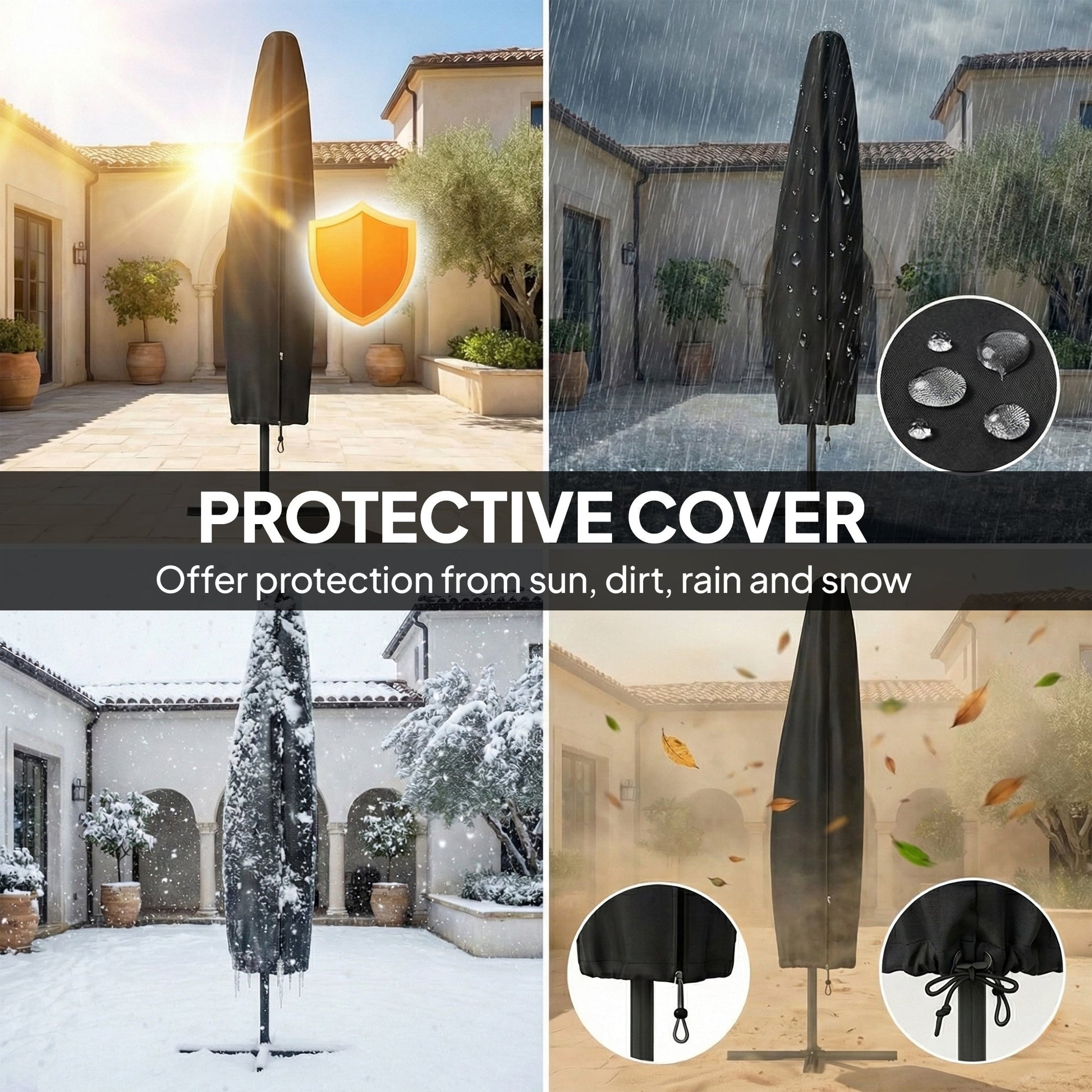 3 m Garden Cantilever Parasol with LED Solar Light, Round Overhanging Umbrella with 6-Position 360° Rotation, Crank Handle, Tilt, Cover, Banana Patio Umbrella for Outdoor Sun Shade, Navy Blue