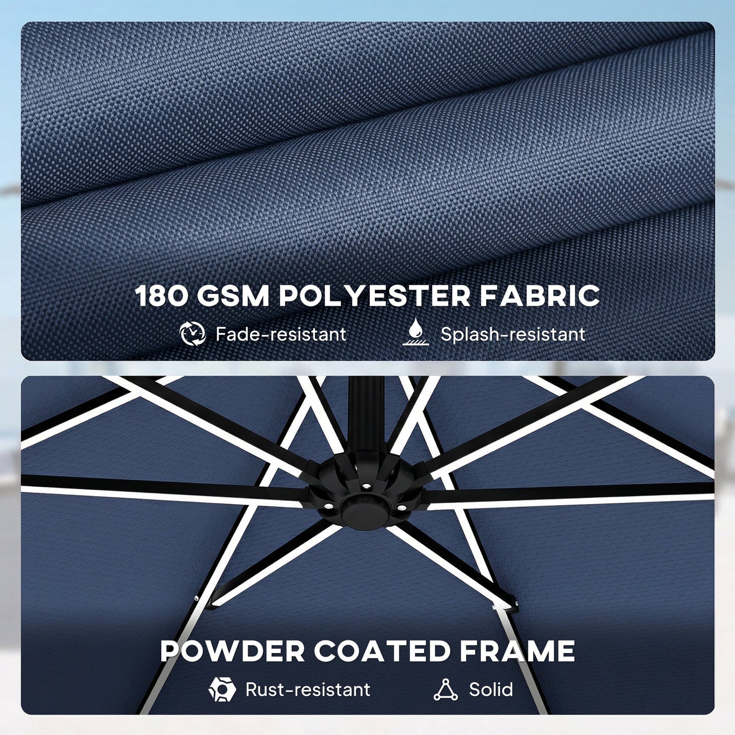 3 m Garden Cantilever Parasol with LED Solar Light, Round Overhanging Umbrella with 6-Position 360° Rotation, Crank Handle, Tilt, Cover, Banana Patio Umbrella for Outdoor Sun Shade, Navy Blue