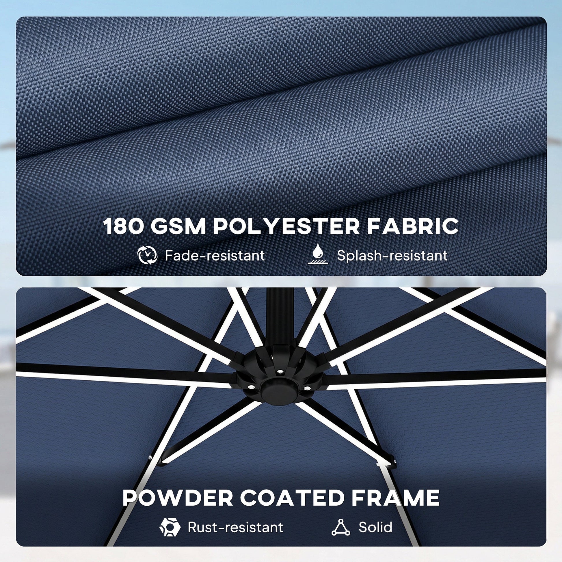 3 m Garden Cantilever Parasol with LED Solar Light, Round Overhanging Umbrella with 6-Position 360° Rotation, Crank Handle, Tilt, Cover, Banana Patio Umbrella for Outdoor Sun Shade, Navy Blue