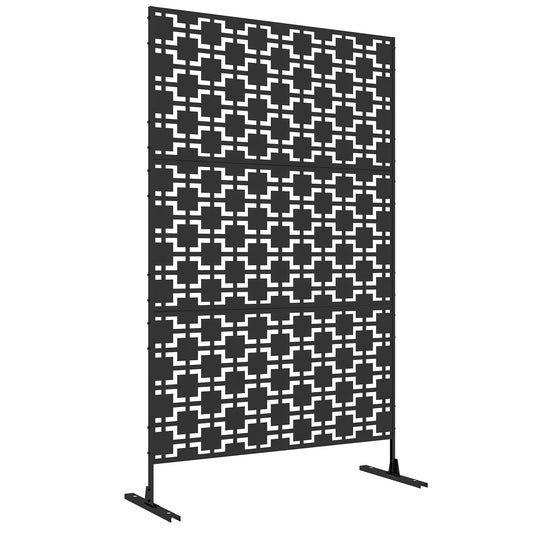 Decorative Garden Privacy Screen with Stand, 6.5FT Freestanding Metal Outdoor Divider, Decorative Privacy Panel with Expansion Screws for Garden Pool Hot Tub, Grid Style, Black