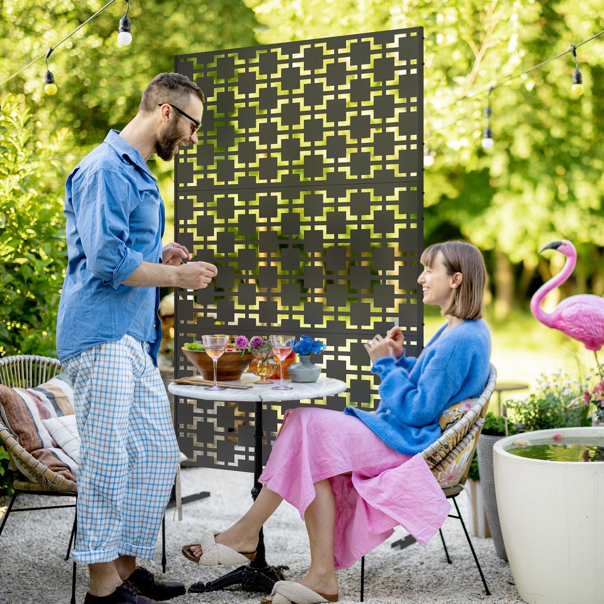 Decorative Garden Privacy Screen with Stand, 6.5FT Freestanding Metal Outdoor Divider, Decorative Privacy Panel with Expansion Screws for Garden Pool Hot Tub, Grid Style, Black