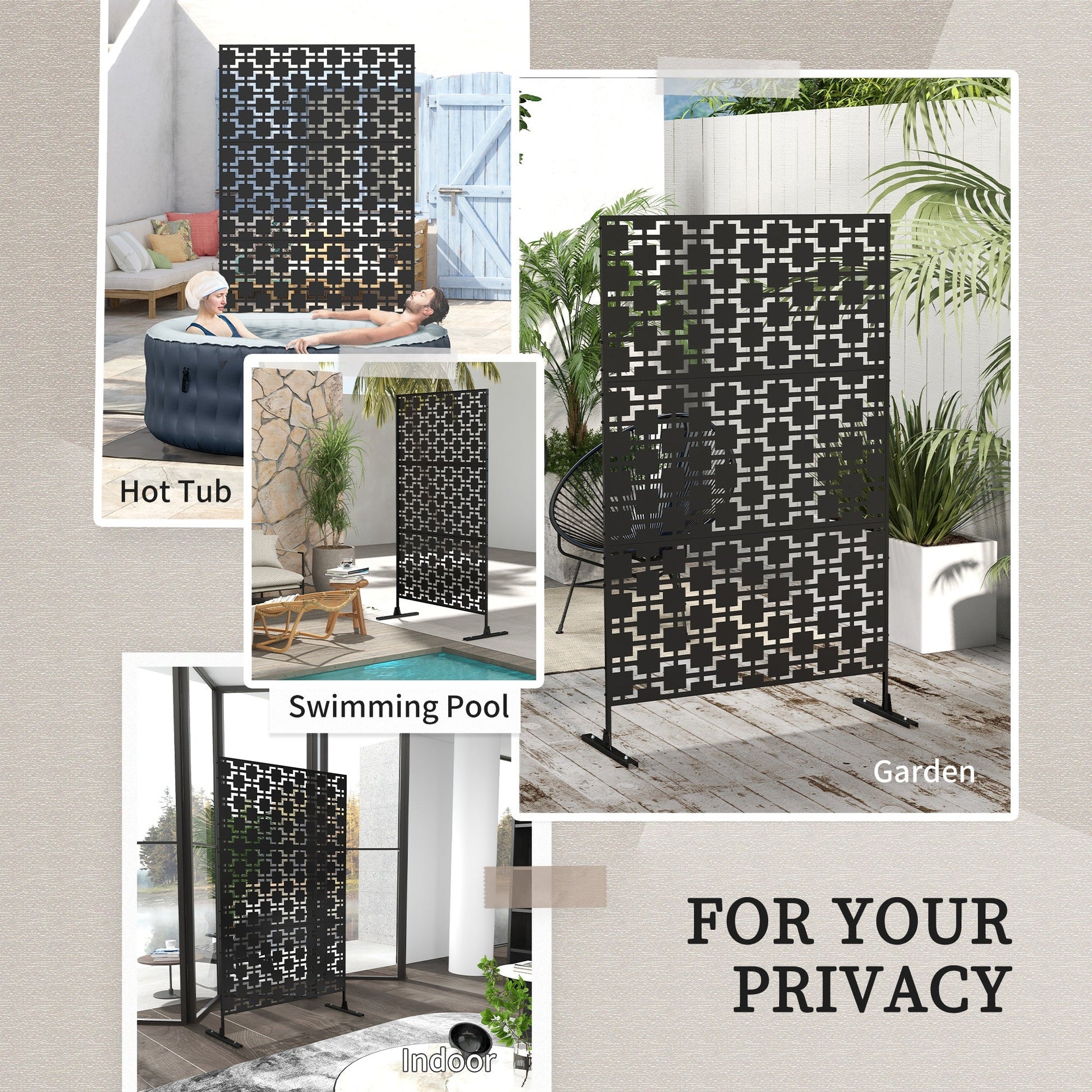 Decorative Garden Privacy Screen with Stand, 6.5FT Freestanding Metal Outdoor Divider, Decorative Privacy Panel with Expansion Screws for Garden Pool Hot Tub, Grid Style, Black