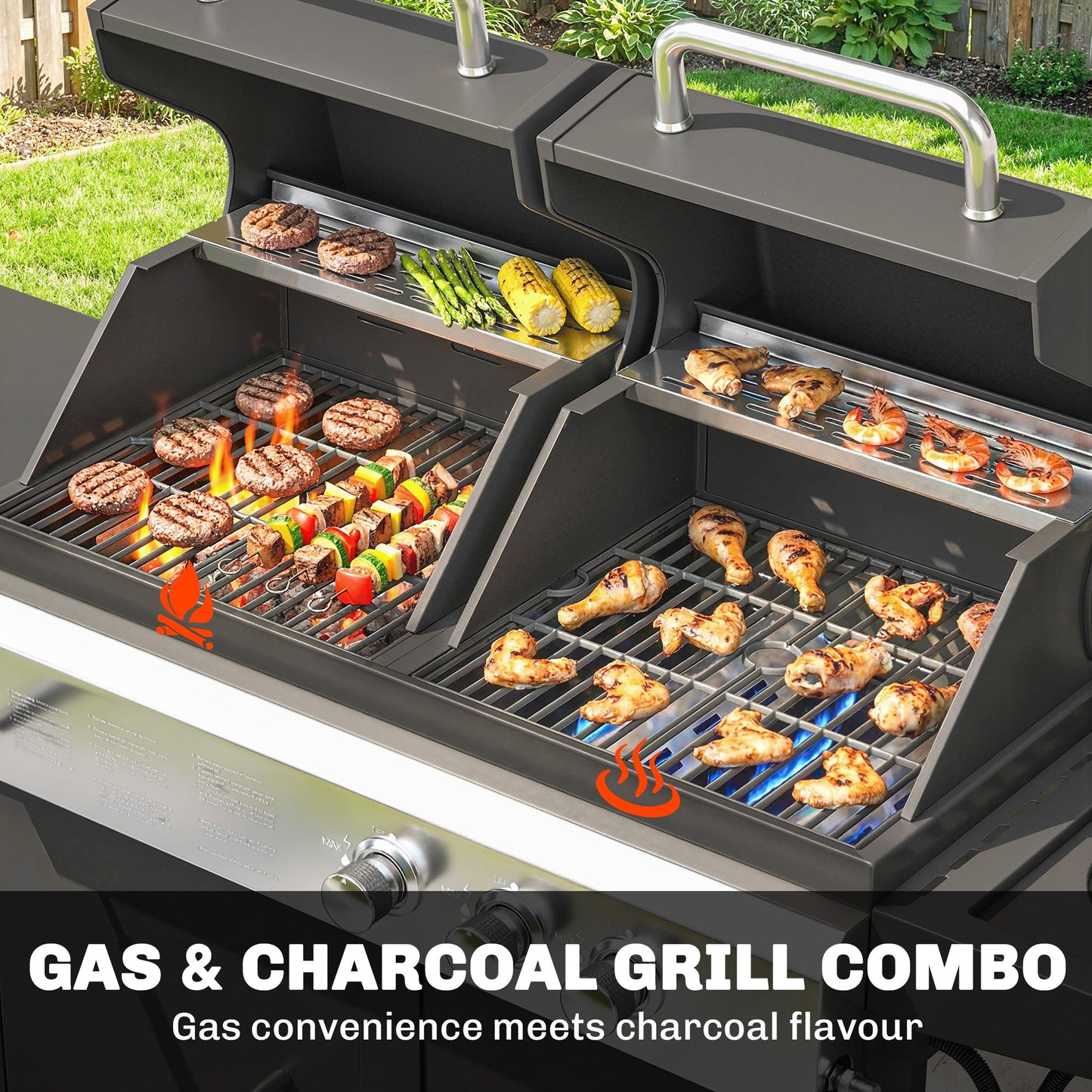 2+1 Burner Hybrid Dual Fuel BBQ Gas Grill, 2-in-1 Portable Propane & Charcoal Barbecue Grill Smoker Combo with Wheels, Warming Rack, Built-in Thermometer, Side Shelves, Cabinet, Lid, Black