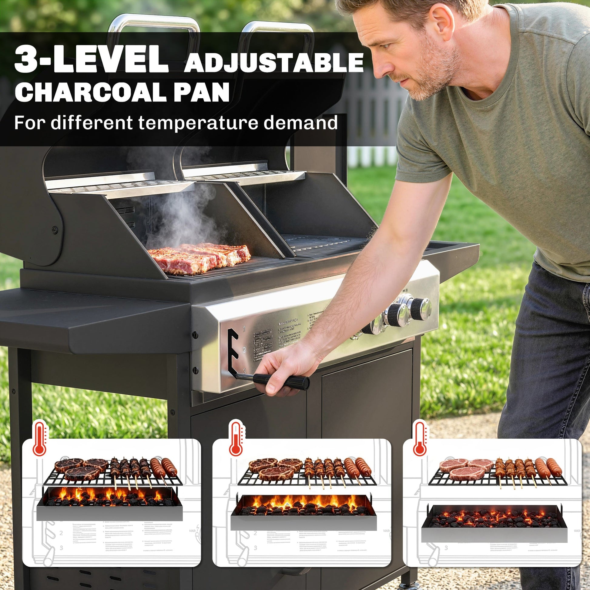2+1 Burner Hybrid Dual Fuel BBQ Gas Grill, 2-in-1 Portable Propane & Charcoal Barbecue Grill Smoker Combo with Wheels, Warming Rack, Built-in Thermometer, Side Shelves, Cabinet, Lid, Black
