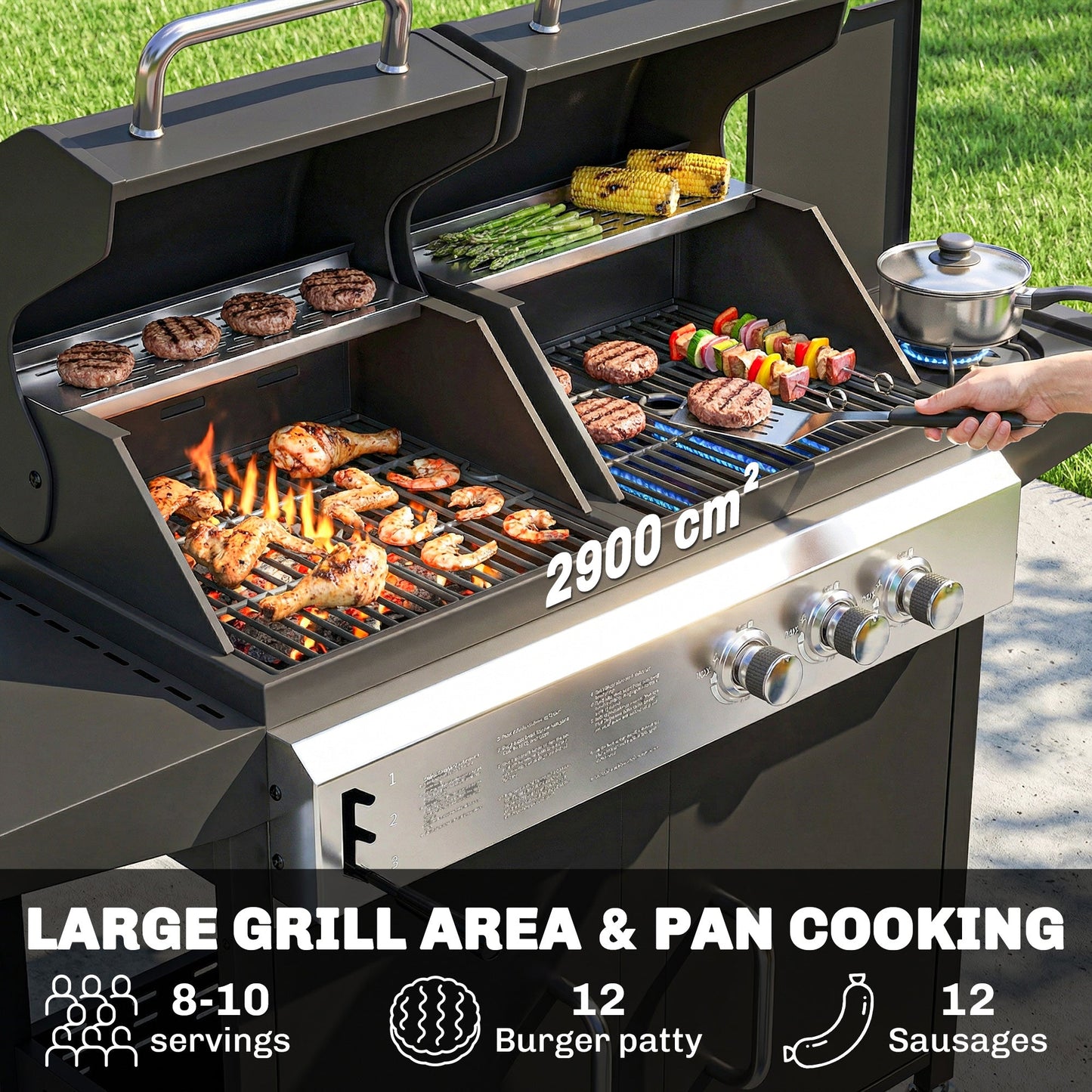 2+1 Burner Hybrid Dual Fuel BBQ Gas Grill, 2-in-1 Portable Propane & Charcoal Barbecue Grill Smoker Combo with Wheels, Warming Rack, Built-in Thermometer, Side Shelves, Cabinet, Lid, Black