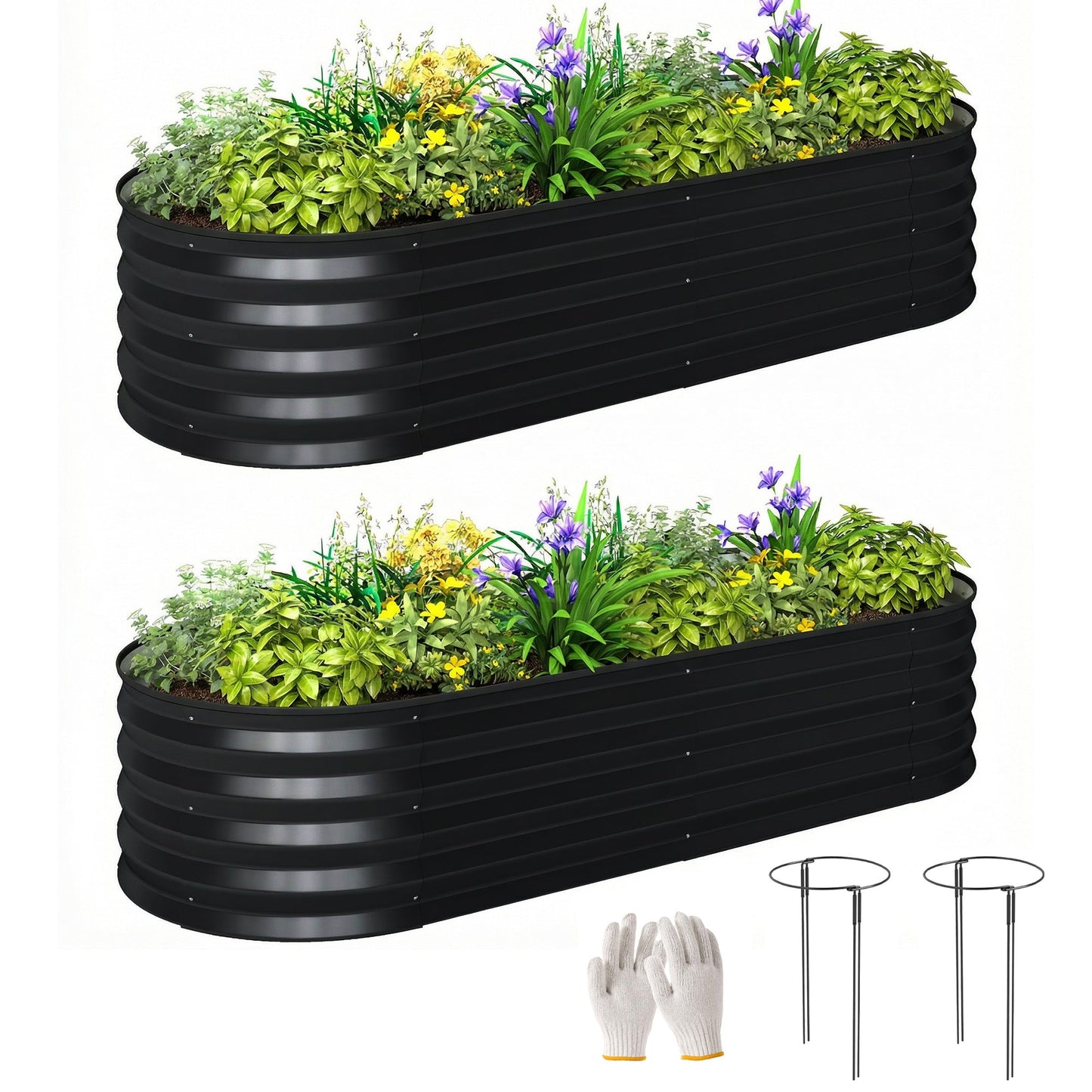 Set of 2 Raised Beds for Garden, Outdoor Galvanised Planter Box with Plant Support Stakes, Rubber Strap Edging and Bottomless for Flower, Vegetable, 150 x 60 x 30 cm, Dark Grey
