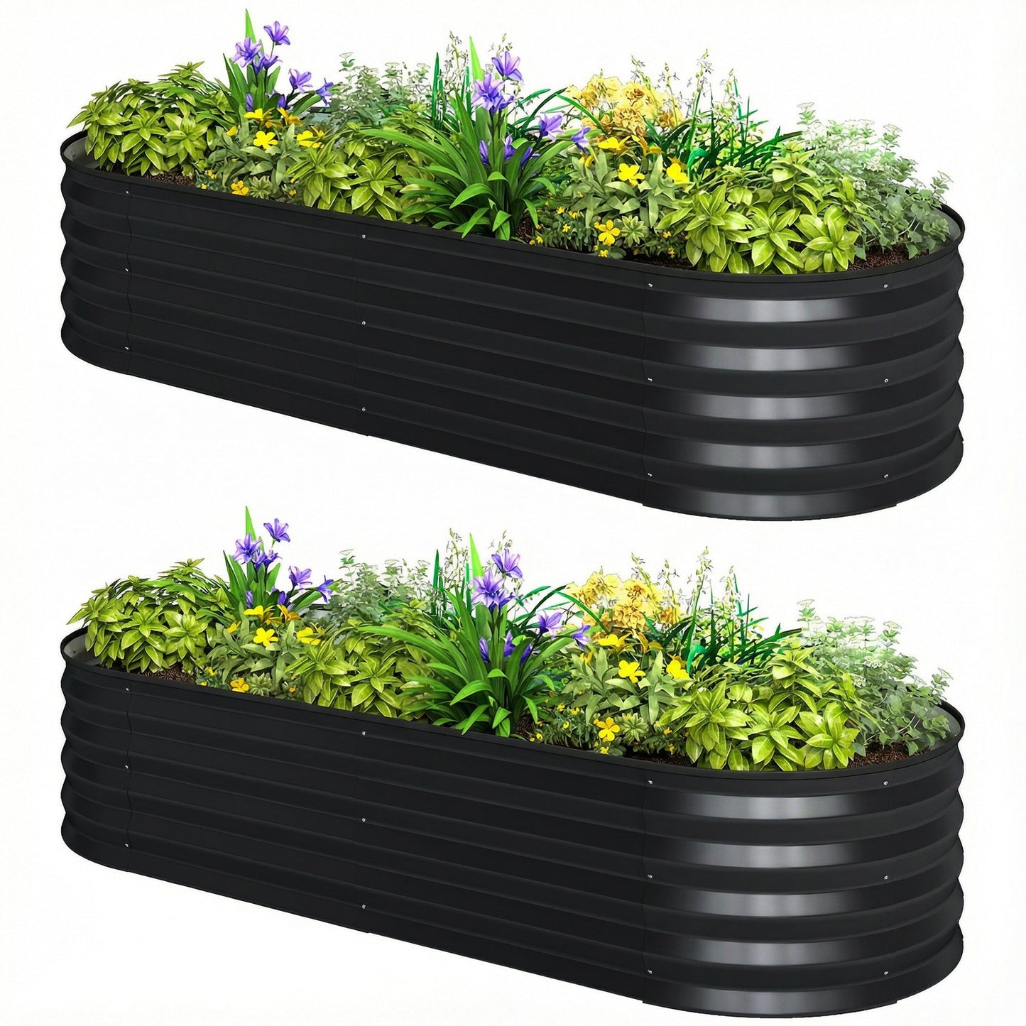 Set of 2 Raised Beds for Garden, Outdoor Galvanised Planter Box with Plant Support Stakes, Rubber Strap Edging and Bottomless for Flower, Vegetable, 150 x 60 x 30 cm, Dark Grey