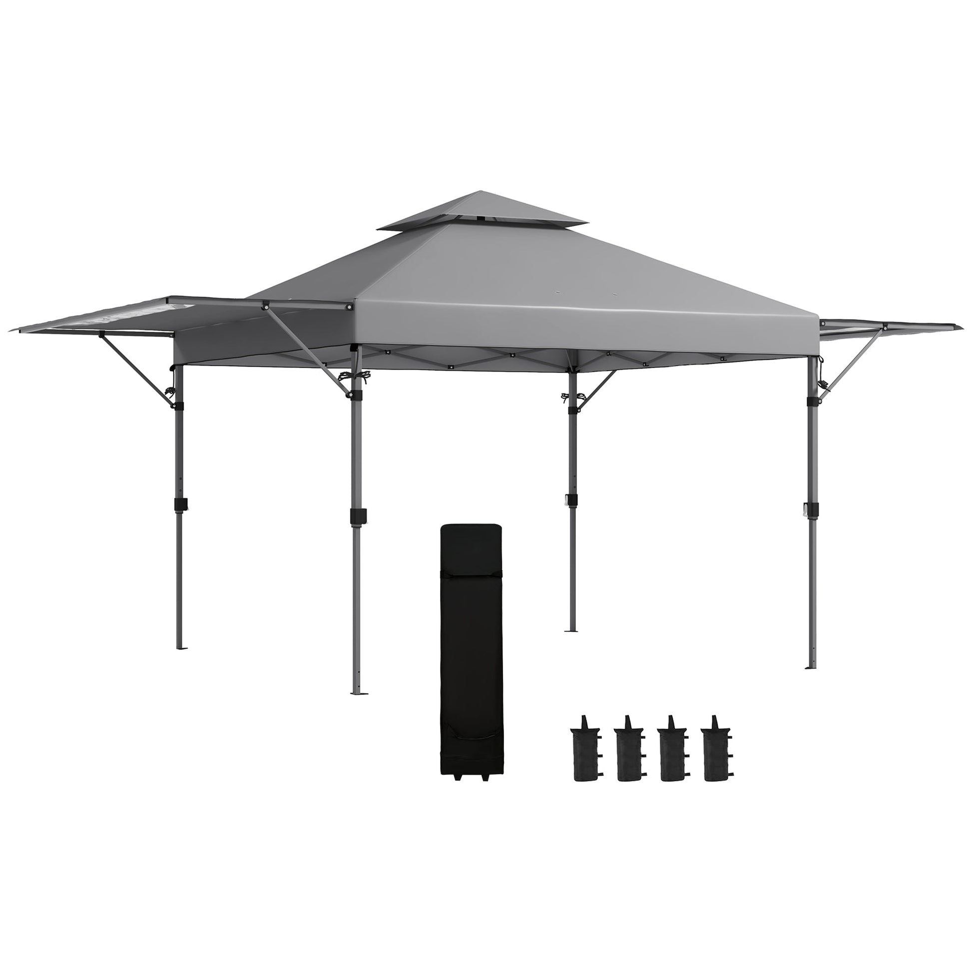 3 x 3(m) Pop Up Gazebo with Extend Dual Awnings, 1 Person Easy up Marquee Party Tent with 1-Button Push, Double Roof, Wheeled Bag, Sandbags, Height Adjustable Instant Shelter, Grey