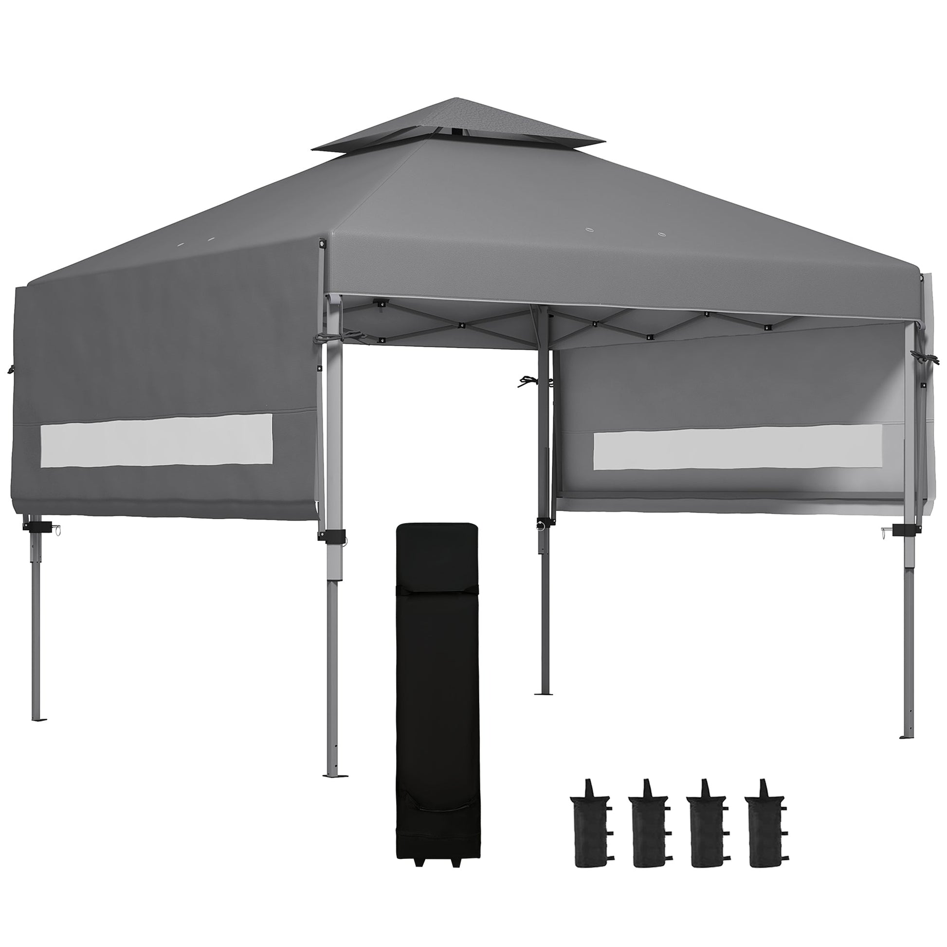 3 x 3(m) Pop Up Gazebo with Extend Dual Awnings, 1 Person Easy up Marquee Party Tent with 1-Button Push, Double Roof, Wheeled Bag, Sandbags, Height Adjustable Instant Shelter, Grey