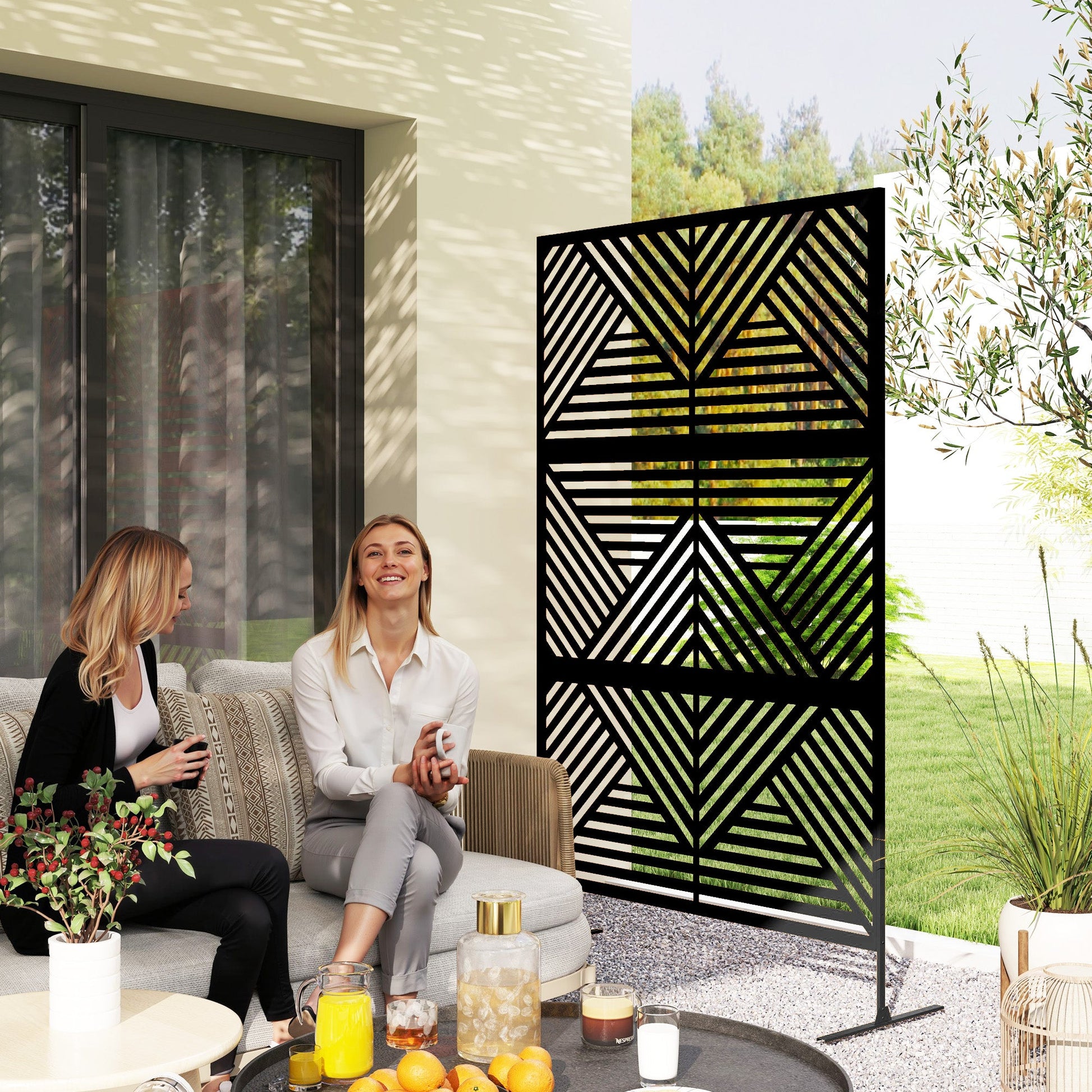 Decorative Garden Privacy Screen with Stand, 6.5FT Freestanding Metal Outdoor Divider, Decorative Privacy Panel with Expansion Screws for Garden Pool Hot Tub, Rhombus Style, Black