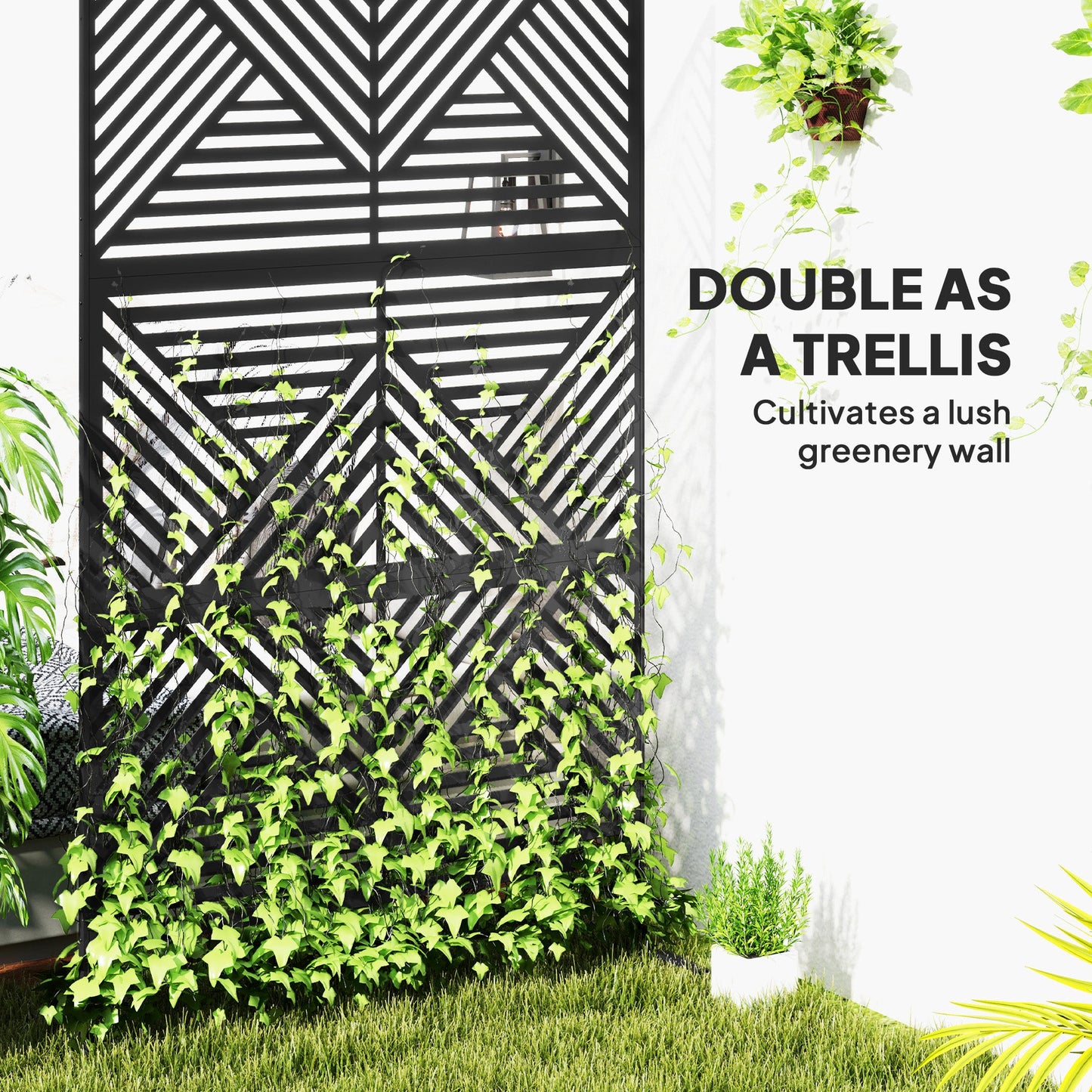 Decorative Garden Privacy Screen with Stand, 6.5FT Freestanding Metal Outdoor Divider, Decorative Privacy Panel with Expansion Screws for Garden Pool Hot Tub, Rhombus Style, Black