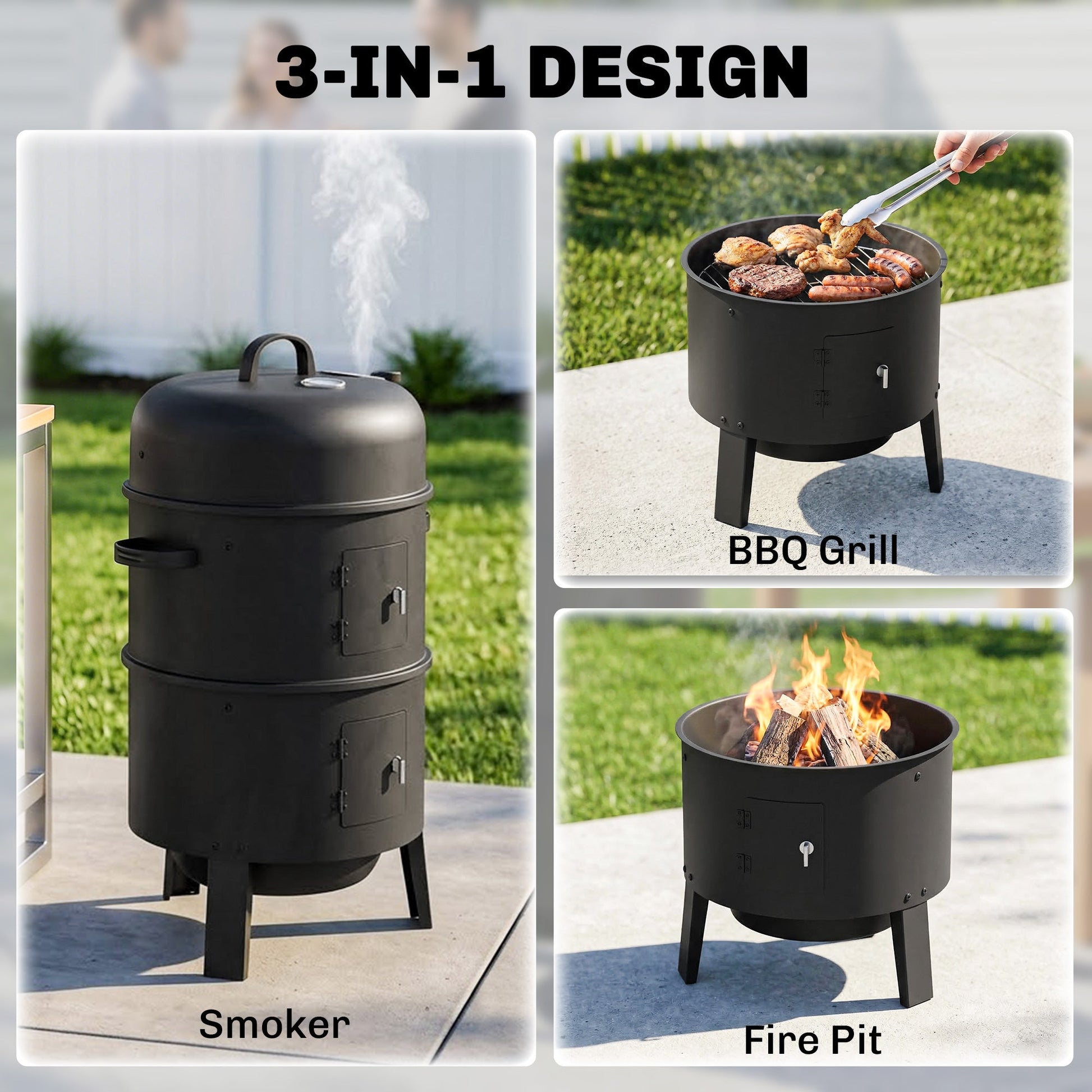 3-in-1 Vertical Barbecue Charcoal Smoker with 2 Grill Grates, Built-in Thermometer, Adjustable Vent, 2 Doors, Outdoor BBQ Smoker Grill for Camping, Parties, Picnic