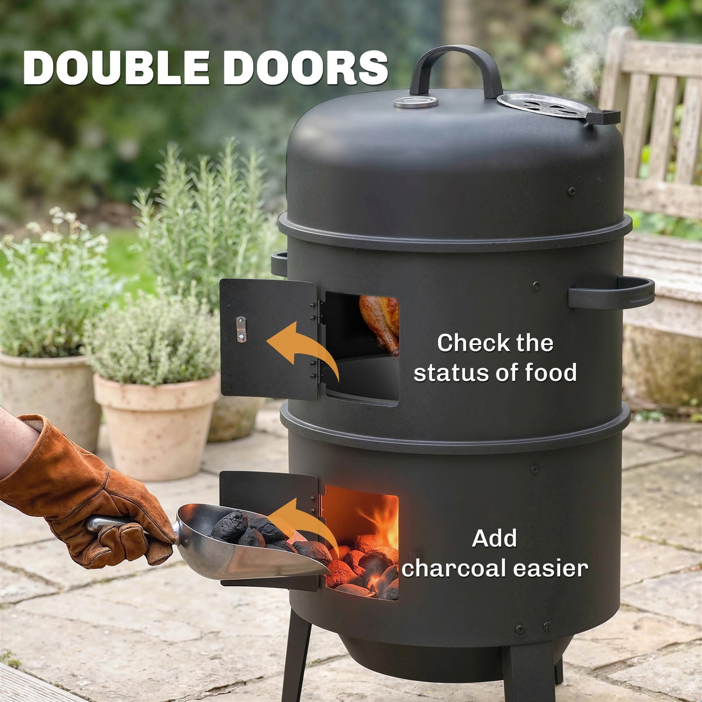 3-in-1 Vertical Barbecue Charcoal Smoker with 2 Grill Grates, Built-in Thermometer, Adjustable Vent, 2 Doors, Outdoor BBQ Smoker Grill for Camping, Parties, Picnic