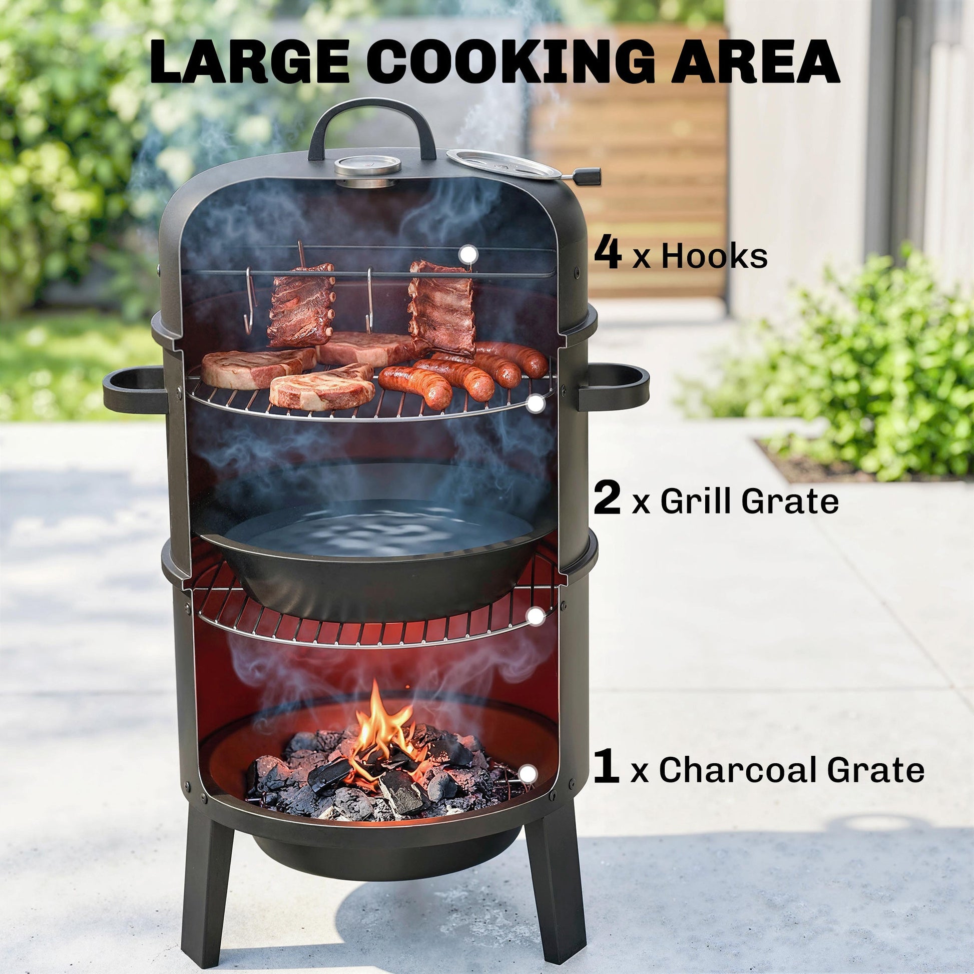 3-in-1 Vertical Barbecue Charcoal Smoker with 2 Grill Grates, Built-in Thermometer, Adjustable Vent, 2 Doors, Outdoor BBQ Smoker Grill for Camping, Parties, Picnic
