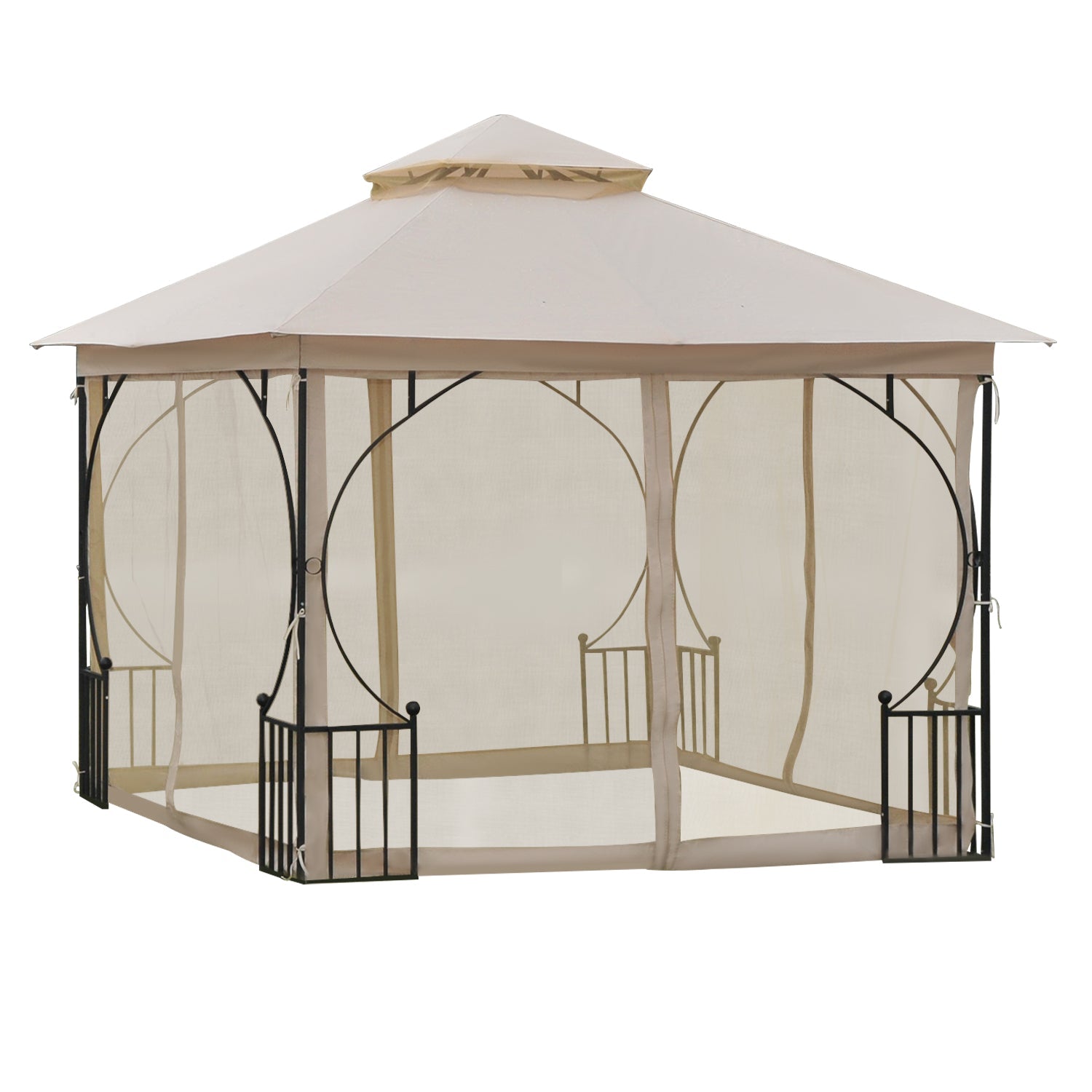 3 x 3m Garden Gazebo Patio Party Tent Shelter Outdoor Canopy Double Tier Sun Shade with Metal Frame and Netting, Beige