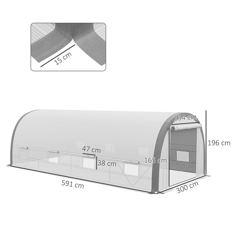 6 x 3(m) Walk-in Polytunnel Greenhouse with Upgraded Structure, Zipped Roll Up Mesh Door, 8 Mesh Windows, Tunnel Warm House Tent with PE Cover, 15 Plant Labels and Gloves, White
