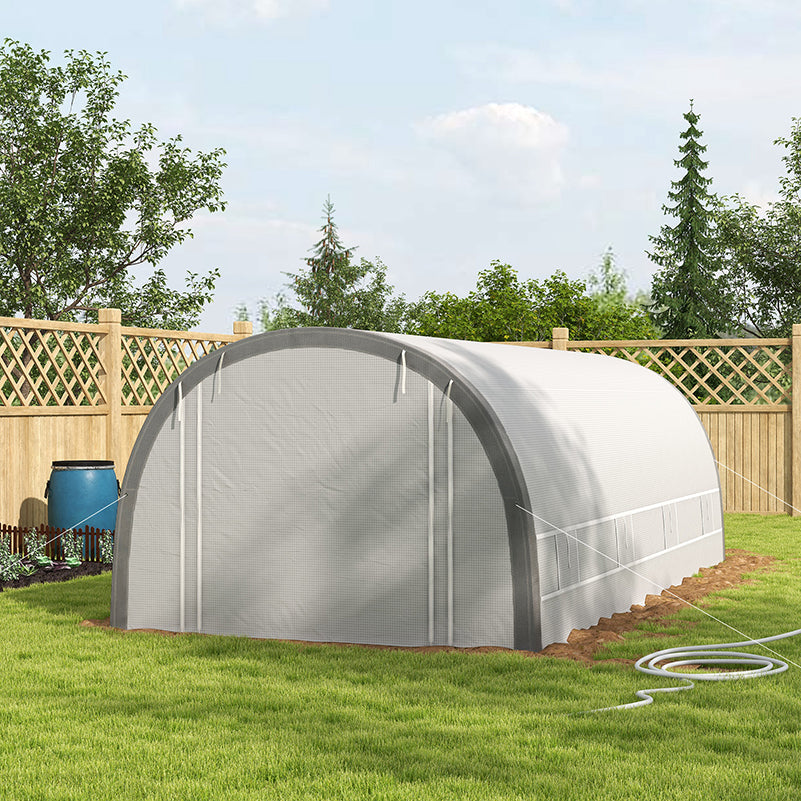 6 x 3(m) Walk-in Polytunnel Greenhouse with Upgraded Structure, Zipped Roll Up Mesh Door, 8 Mesh Windows, Tunnel Warm House Tent with PE Cover, 15 Plant Labels and Gloves, White