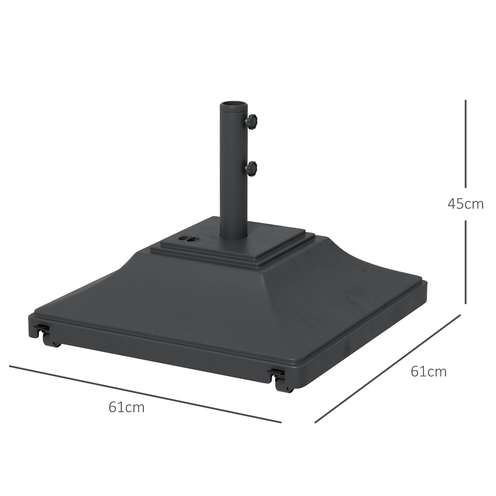 Square Parasol Base with Wheels, 45kg Water or 60kg Sand Filled, Heavy Duty HDPE Umbrella Stand with Double Adjustable Knob, Fillable Parasol Stand for 38mm and 48mm Poles, Black