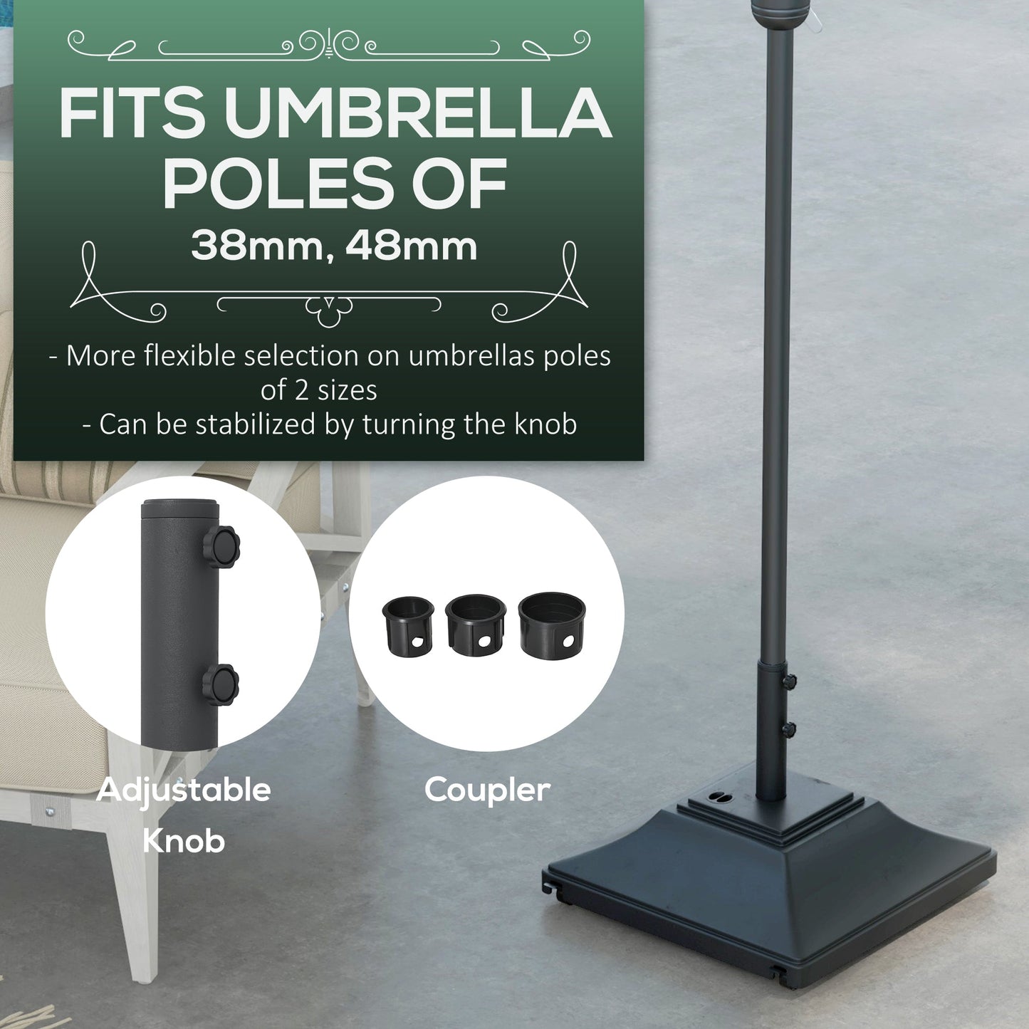 Square Parasol Base with Wheels, 45kg Water or 60kg Sand Filled, Heavy Duty HDPE Umbrella Stand with Double Adjustable Knob, Fillable Parasol Stand for 38mm and 48mm Poles, Black