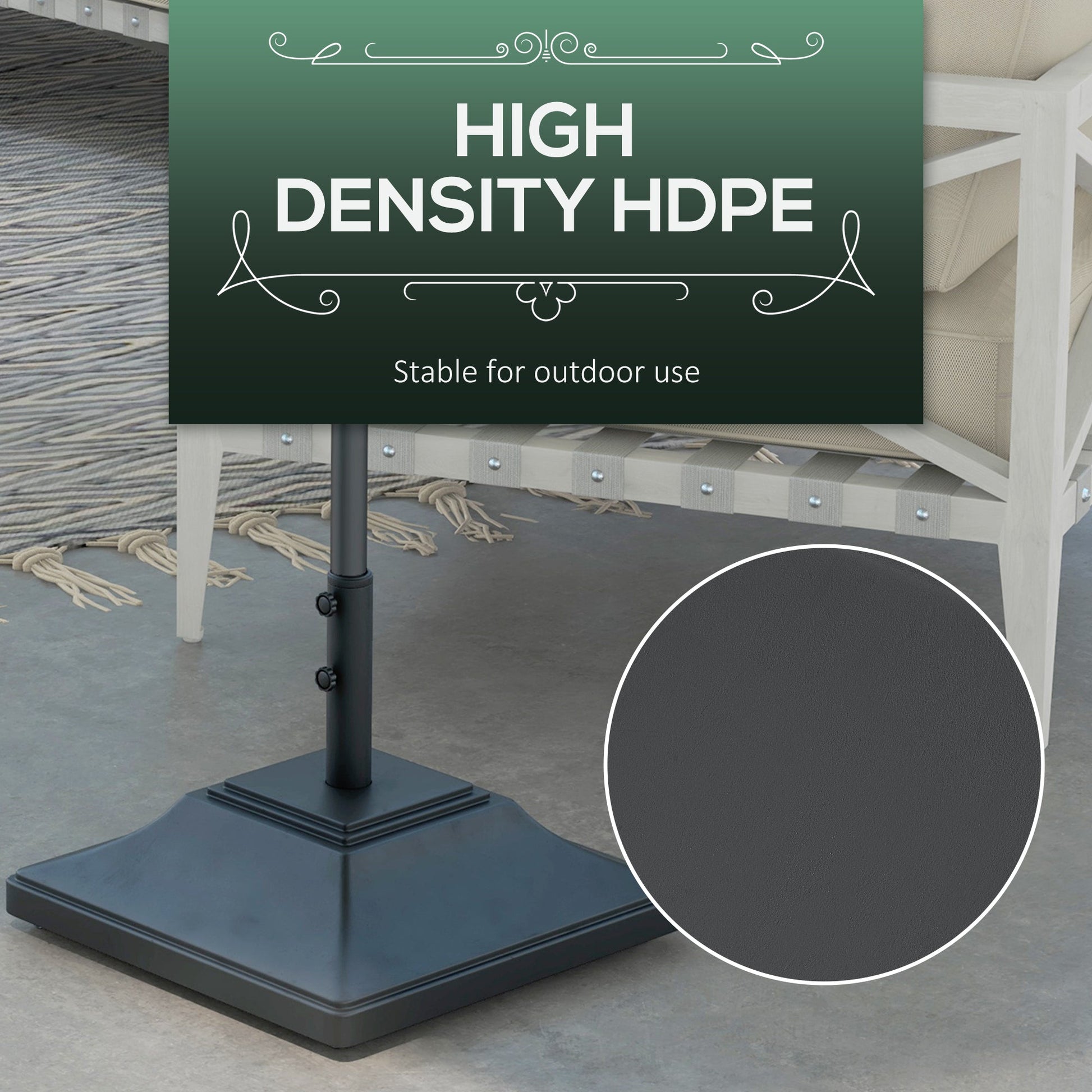 Square Parasol Base with Wheels, 45kg Water or 60kg Sand Filled, Heavy Duty HDPE Umbrella Stand with Double Adjustable Knob, Fillable Parasol Stand for 38mm and 48mm Poles, Black