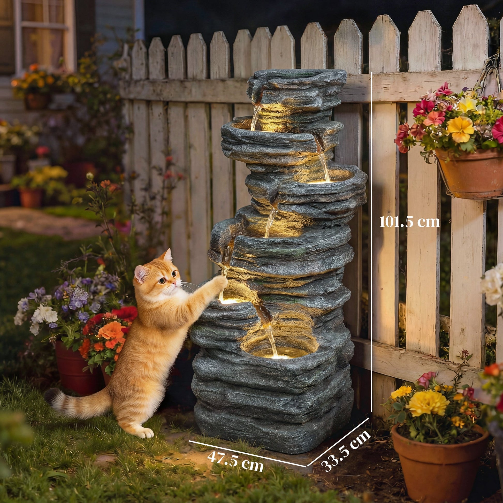 Outdoor Fountain with 6-Tier Rock Design, Cascading Waterfall Feature with LED Lights, Resin Freestanding Garden Fountain for Patio Balcony, Grey