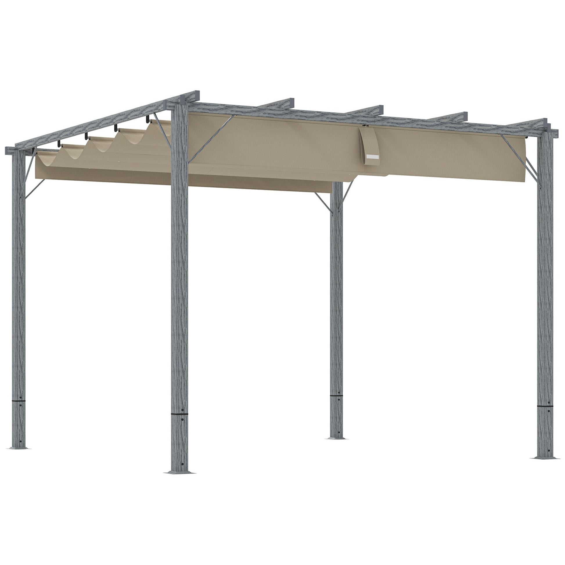 3 x 3(m) Garden Pergola with Retractable Roof Canopy and Wood Grain Aluminium Frame, Outdoor Gazebo Pergola Kit, UPF30+ Sun Shade Shelter for Deck, Porch, Grey
