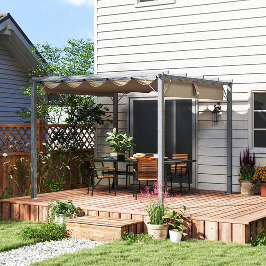 3 x 3(m) Garden Pergola with Retractable Roof Canopy and Wood Grain Aluminium Frame, Outdoor Gazebo Pergola Kit, UPF30+ Sun Shade Shelter for Deck, Porch, Grey