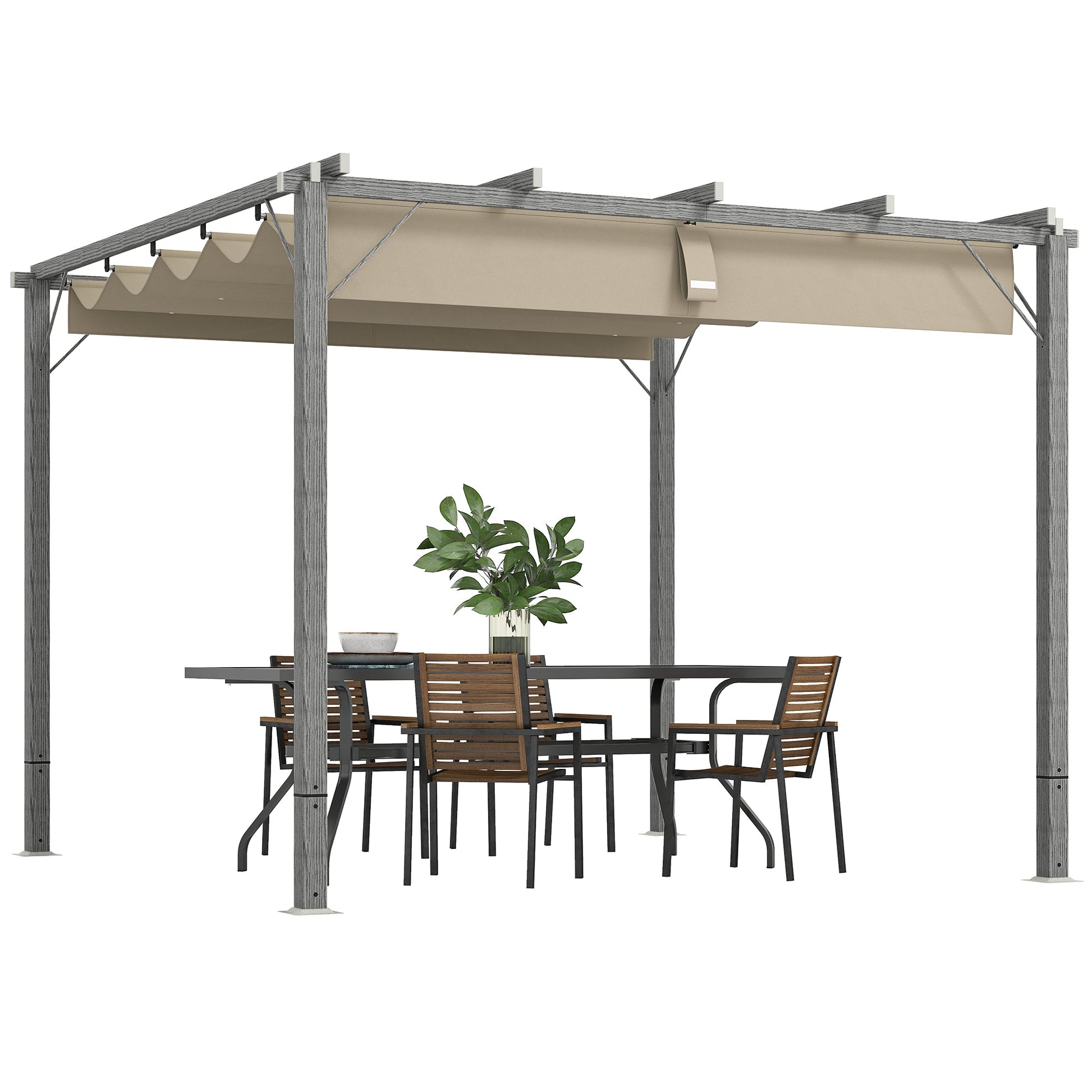 3 x 3(m) Garden Pergola with Retractable Roof Canopy and Wood Grain Aluminium Frame, Outdoor Gazebo Pergola Kit, UPF30+ Sun Shade Shelter for Deck, Porch, Grey