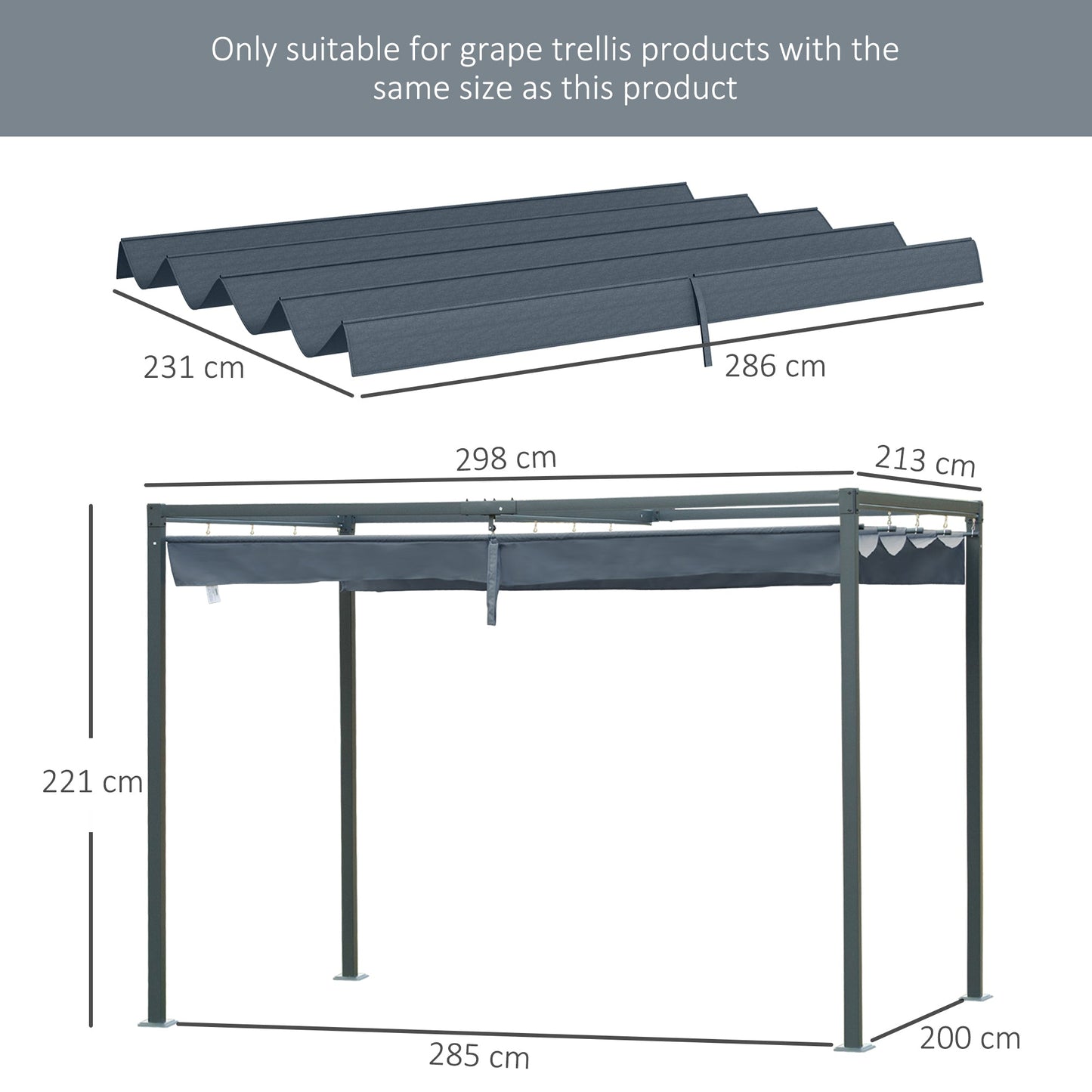 Retractable Pergola Roof, Sun Shade Cover, UV30+ Protected Replacement Canopy Fabric for 2.85 x 2m Pergola, Dark Grey