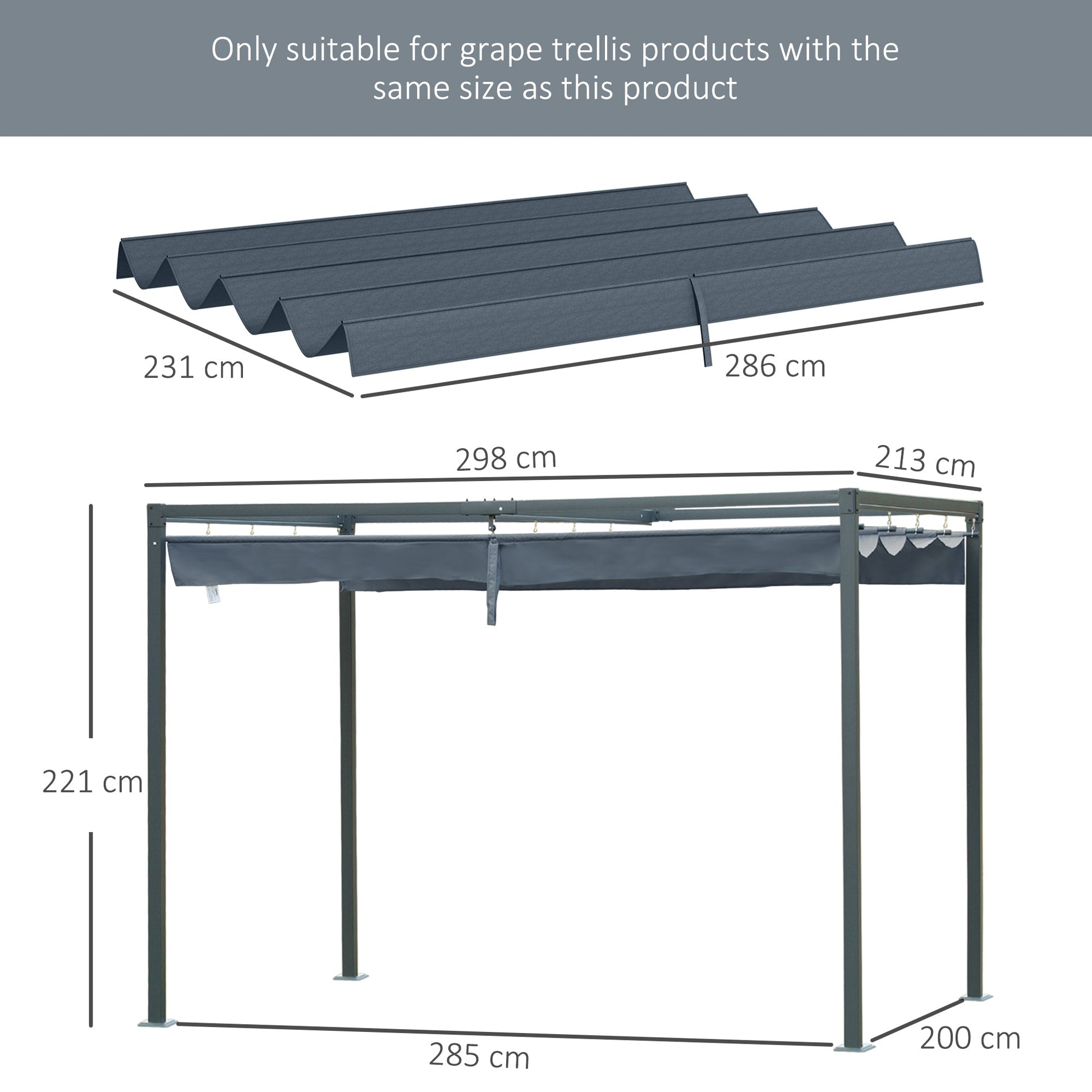 Retractable Pergola Roof, Sun Shade Cover, UV30+ Protected Replacement Canopy Fabric for 2.85 x 2m Pergola, Dark Grey